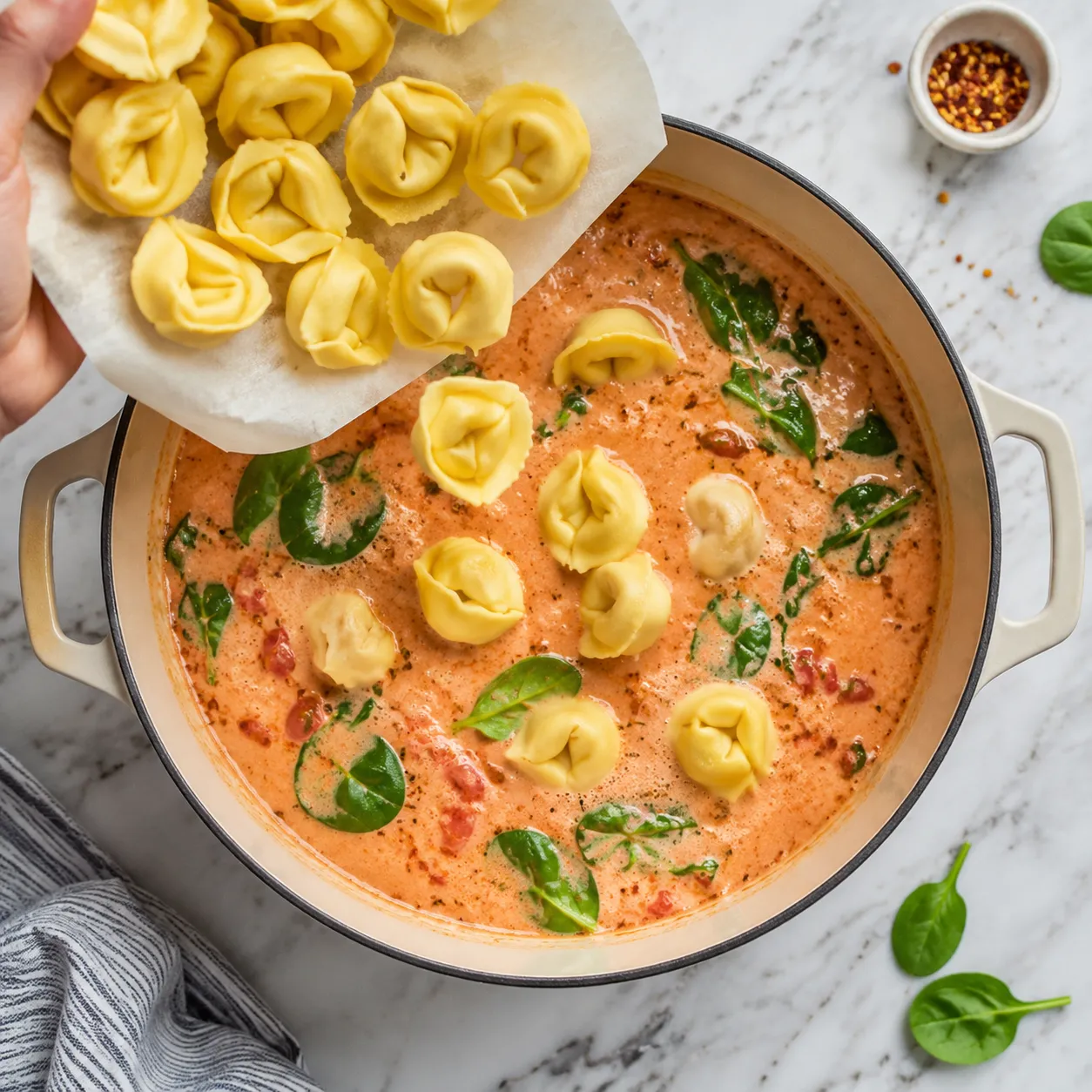 Adding cheese tortellini to creamy tomato broth in a Dutch oven