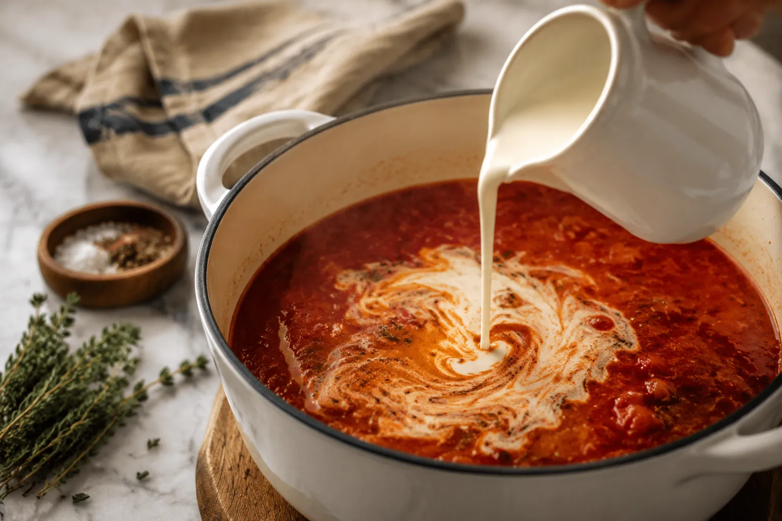Pouring cream into tomato broth for creamy tortellini soup