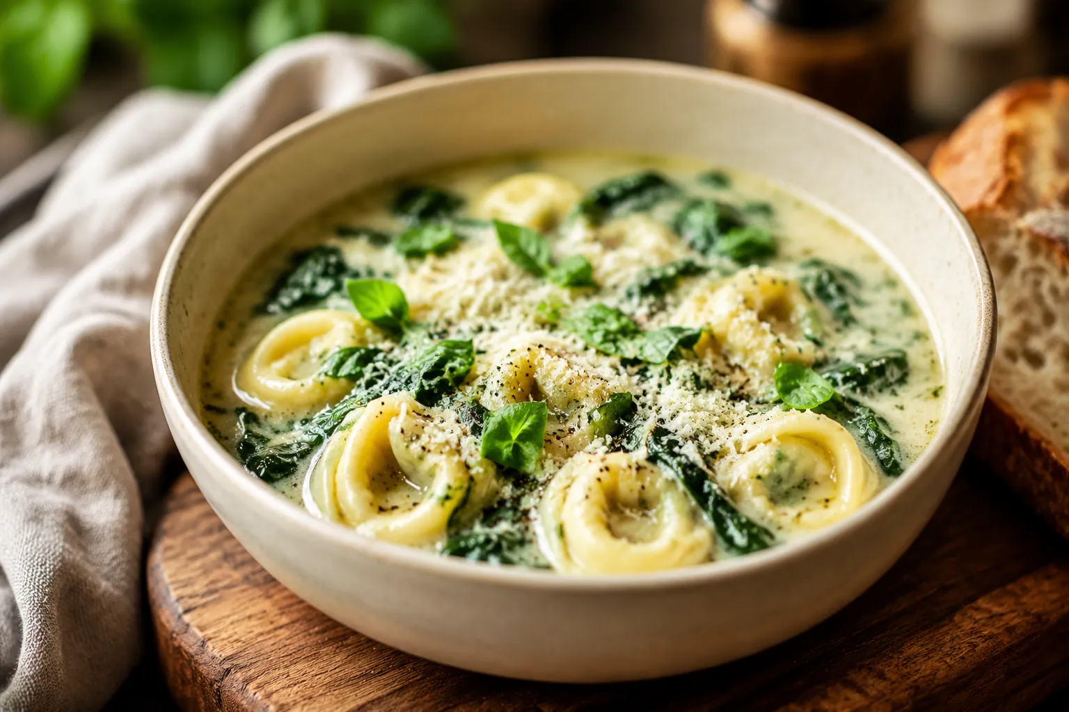 Bowl of finished creamy tortellini soup garnished with Parmesan and basil