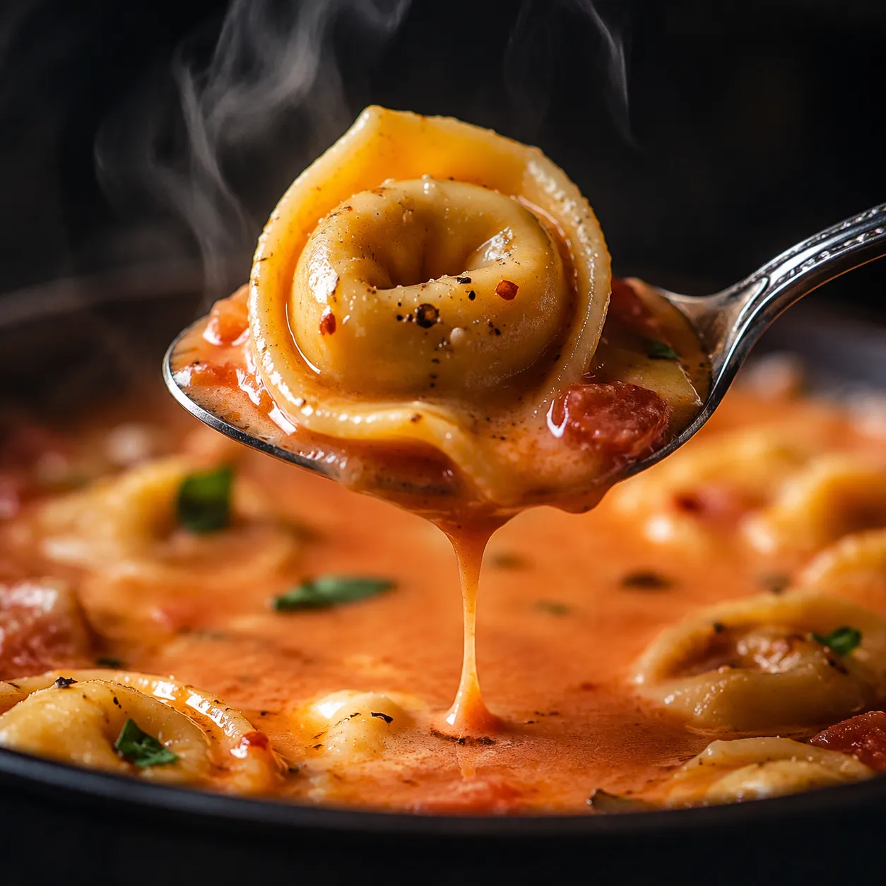 Macro close-up of cheese tortellini on a spoon with creamy tomato broth