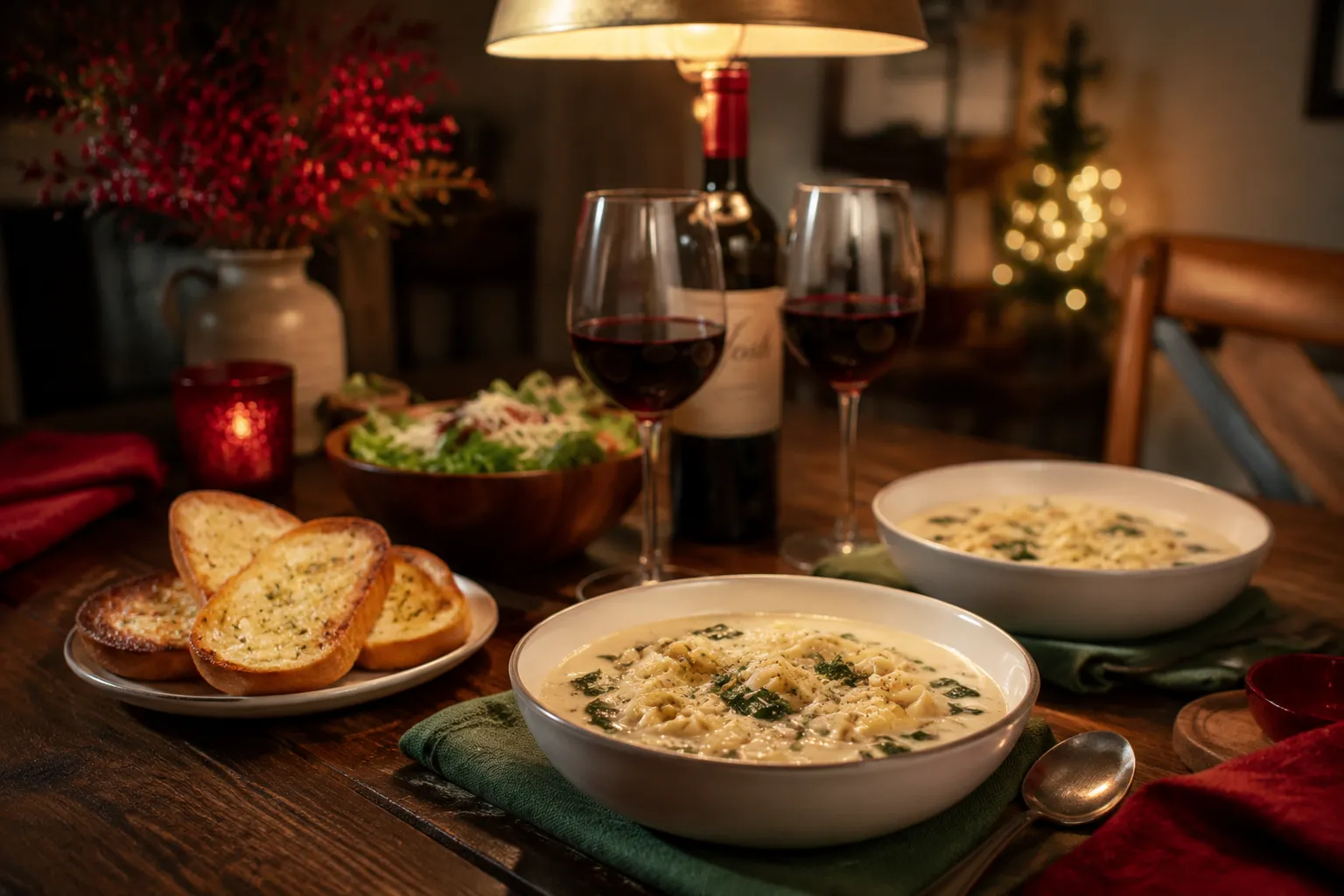Tortellini pasta soup served with garlic bread and salad on a dinner table