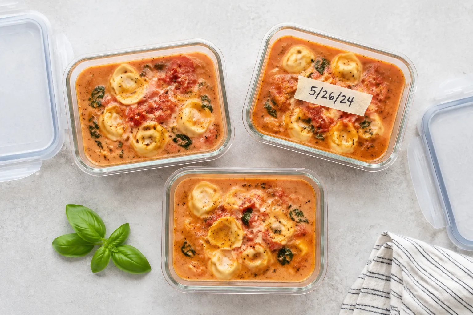 Leftover tortellini soup stored in glass meal-prep containers