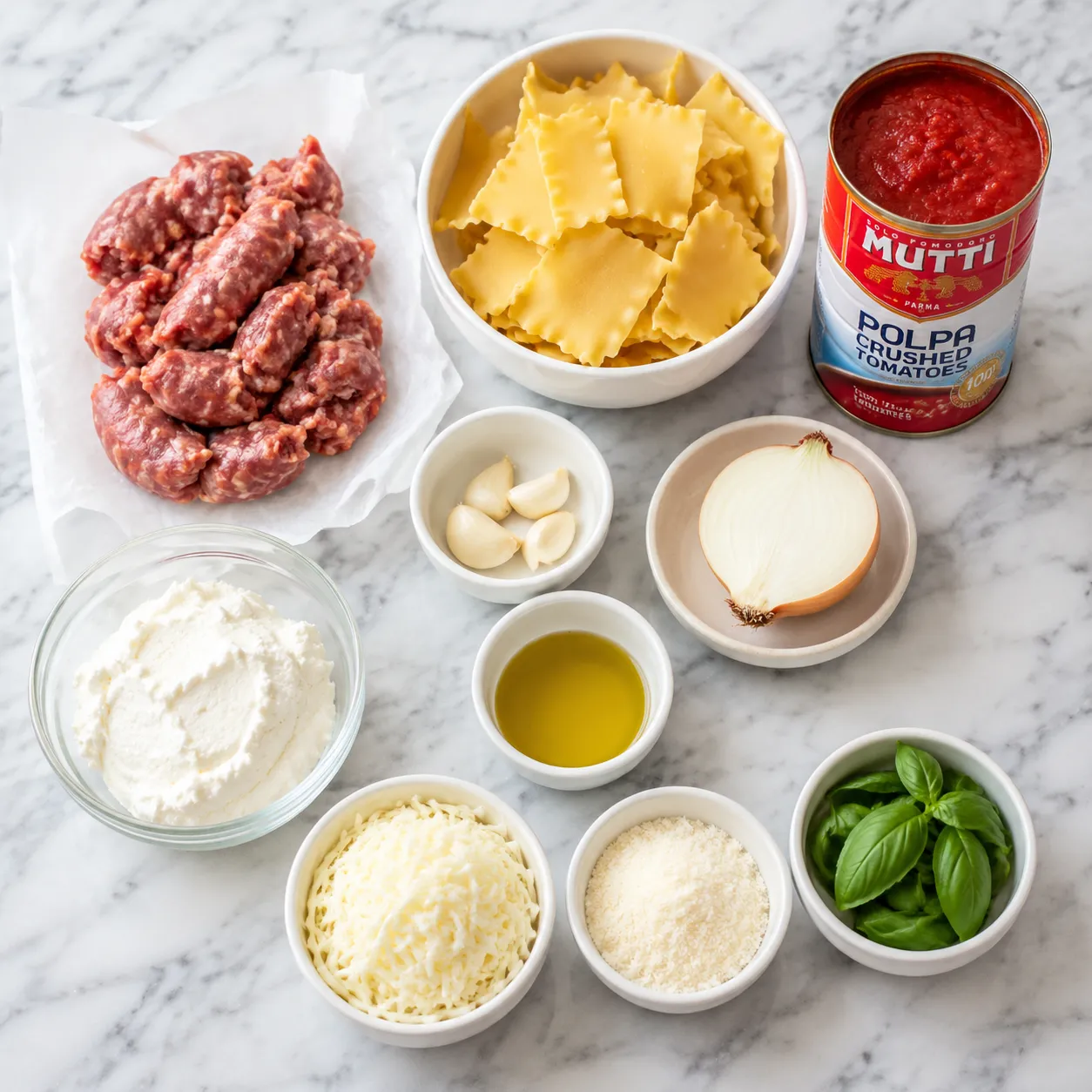 Lasagna soup ingredients flatlay with sausage, noodles, tomatoes, and cheeses