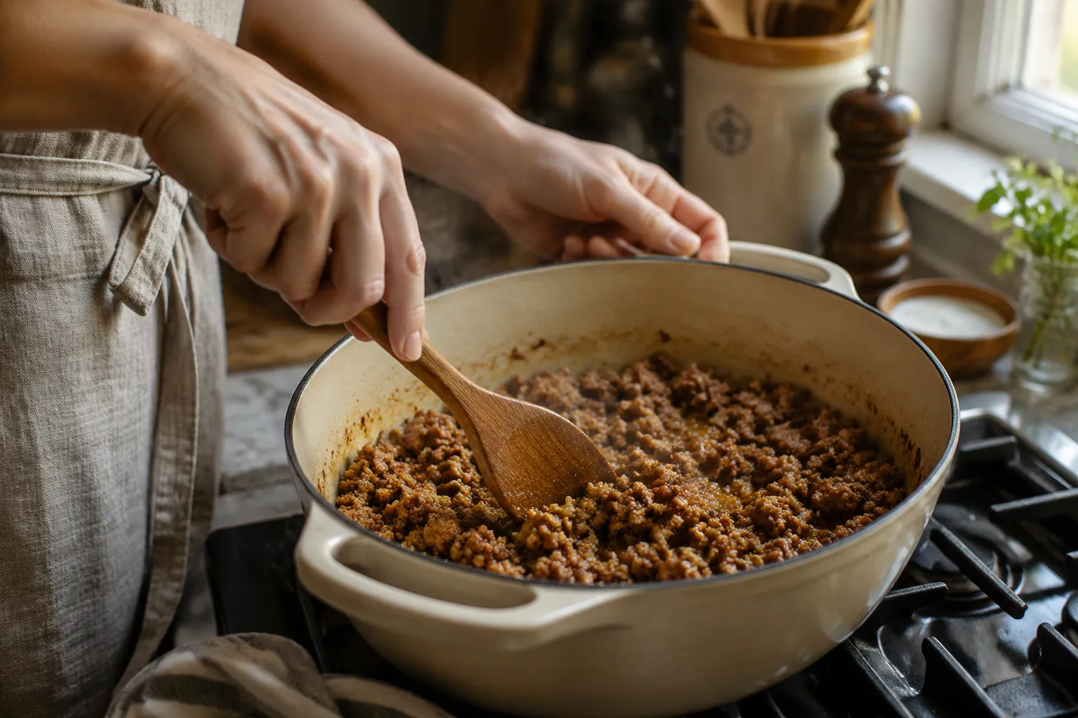 Browning Italian sausage in a Dutch oven for lasagna soup recipe