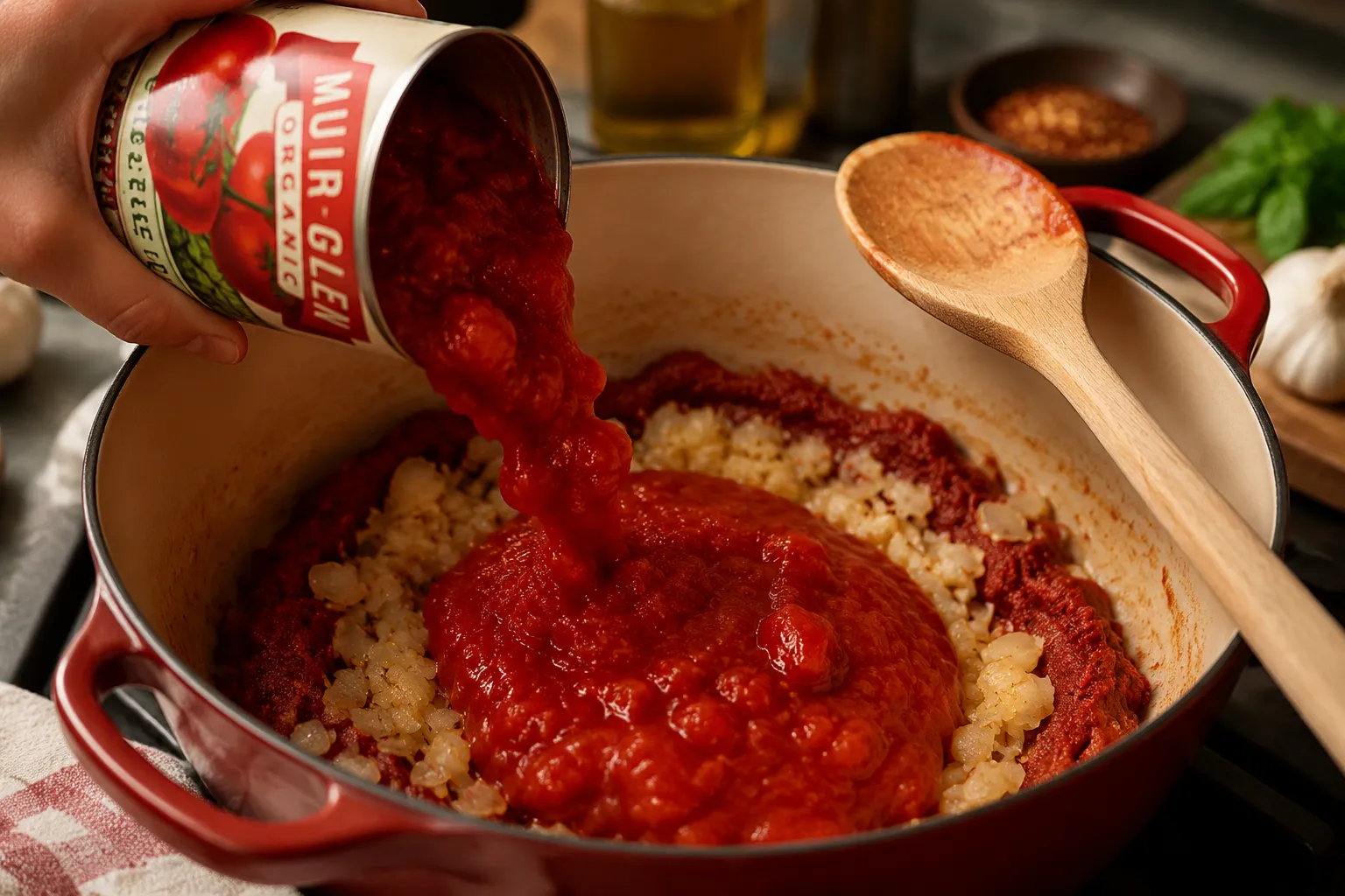 Adding crushed tomatoes to the lasagna soup base