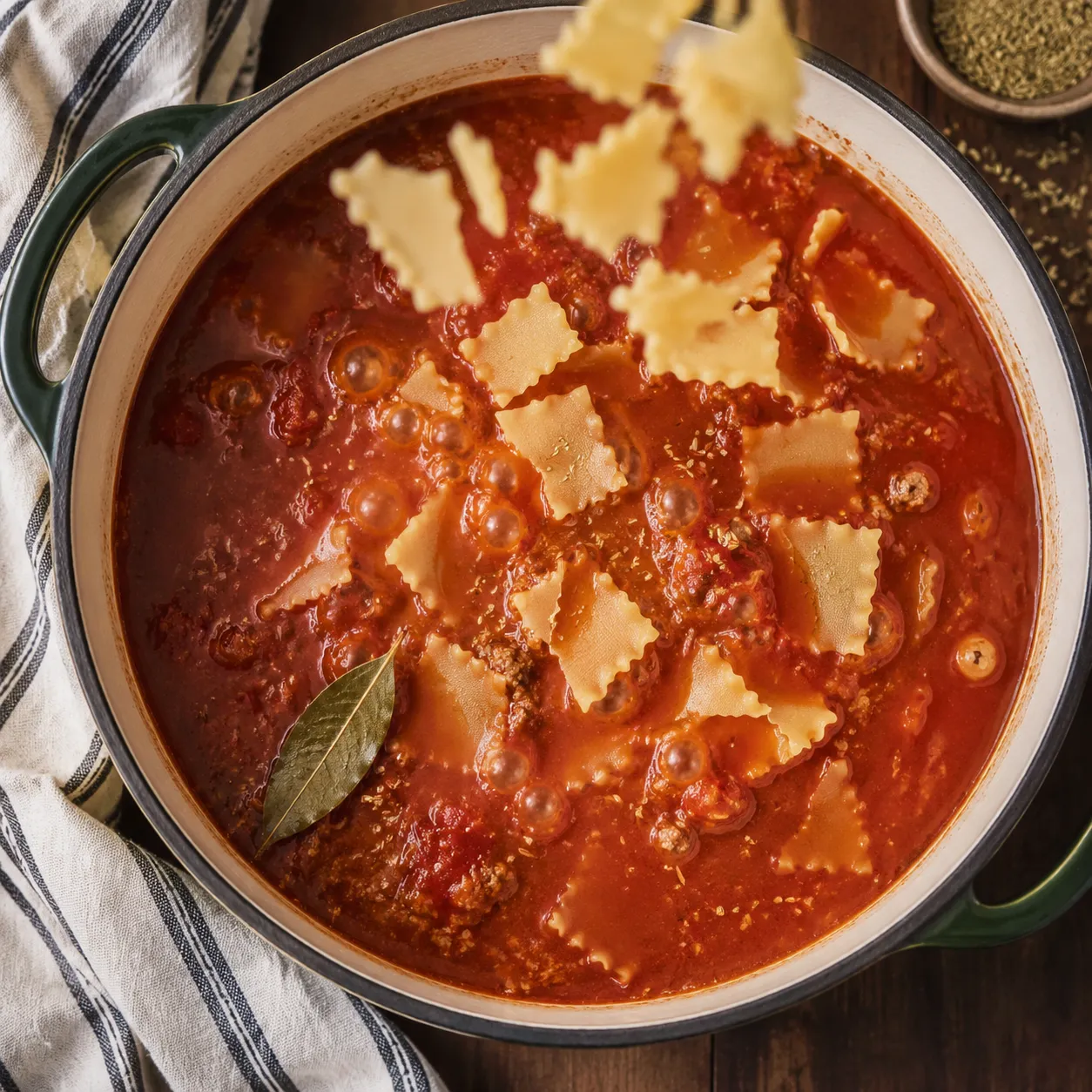Adding broken lasagna noodles to simmering soup