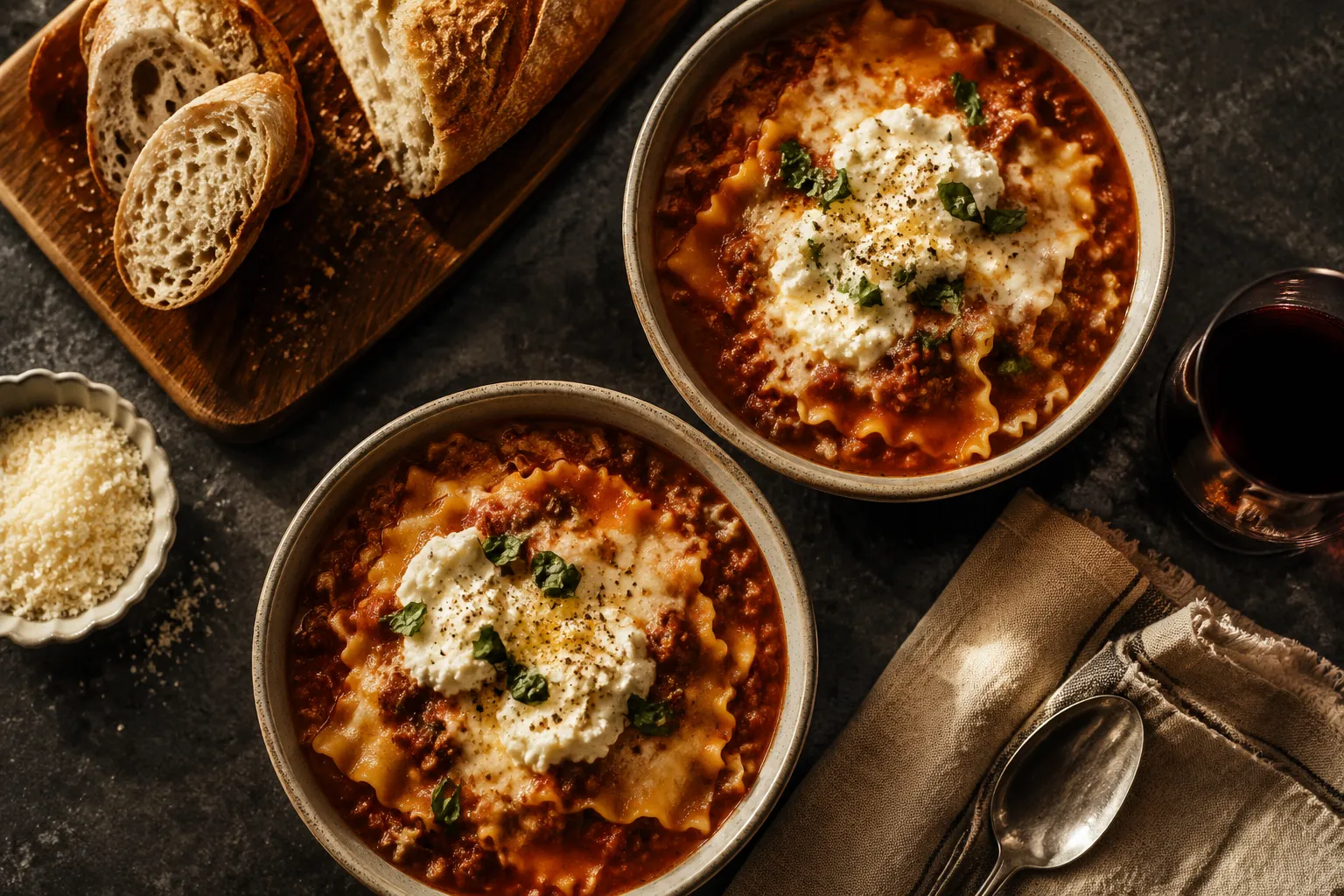 Two bowls of lasagna soup served with bread and red wine