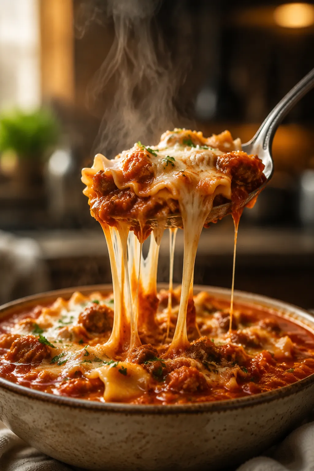 Spoonful of lasagna soup with a melty mozzarella cheese pull