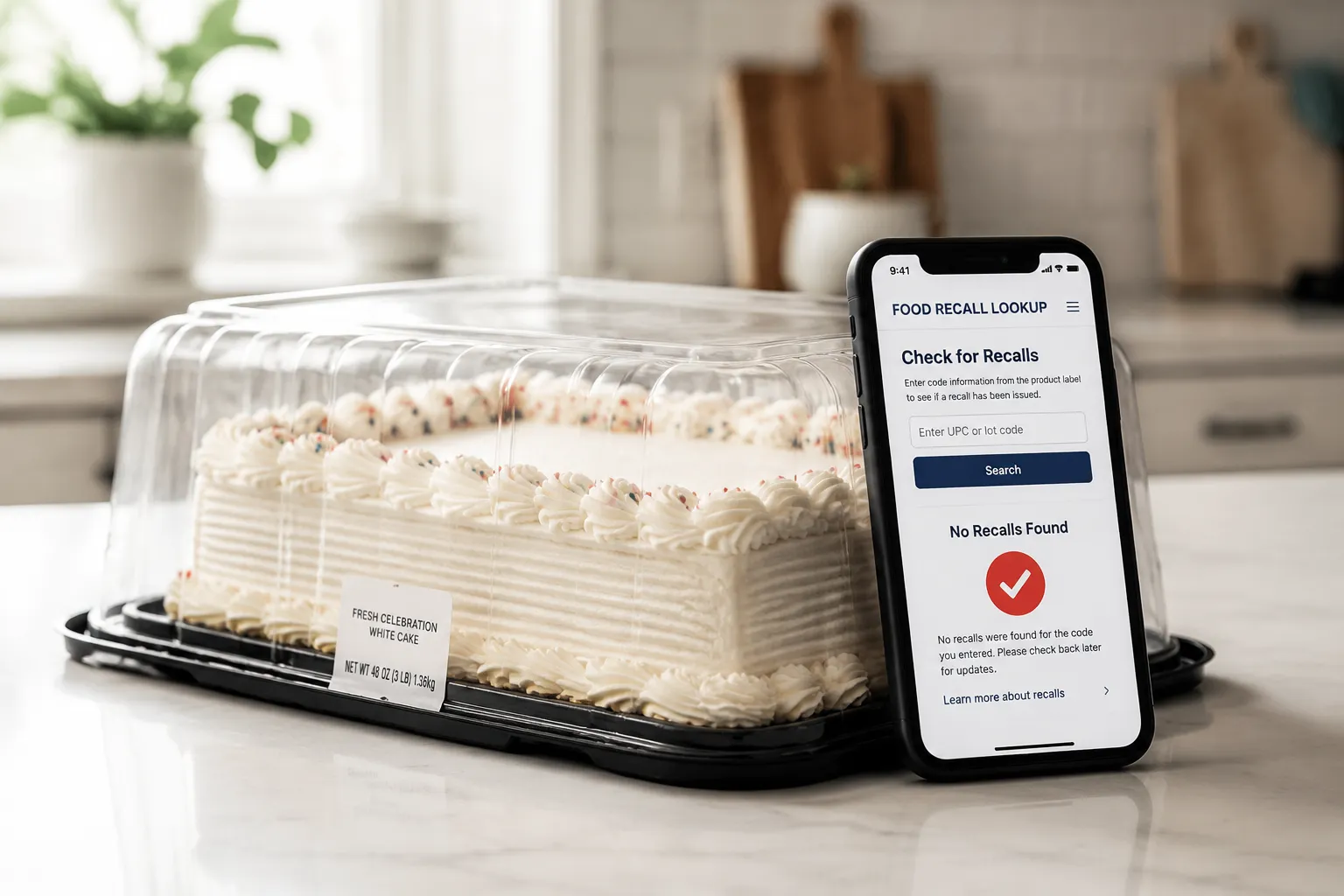 Store-bought cake being checked against FDA salmonella recall list on a phone