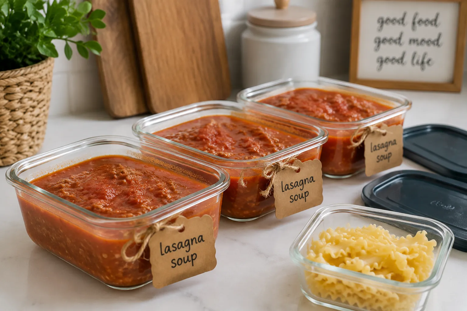 Lasagna soup stored in glass meal-prep containers for the fridge