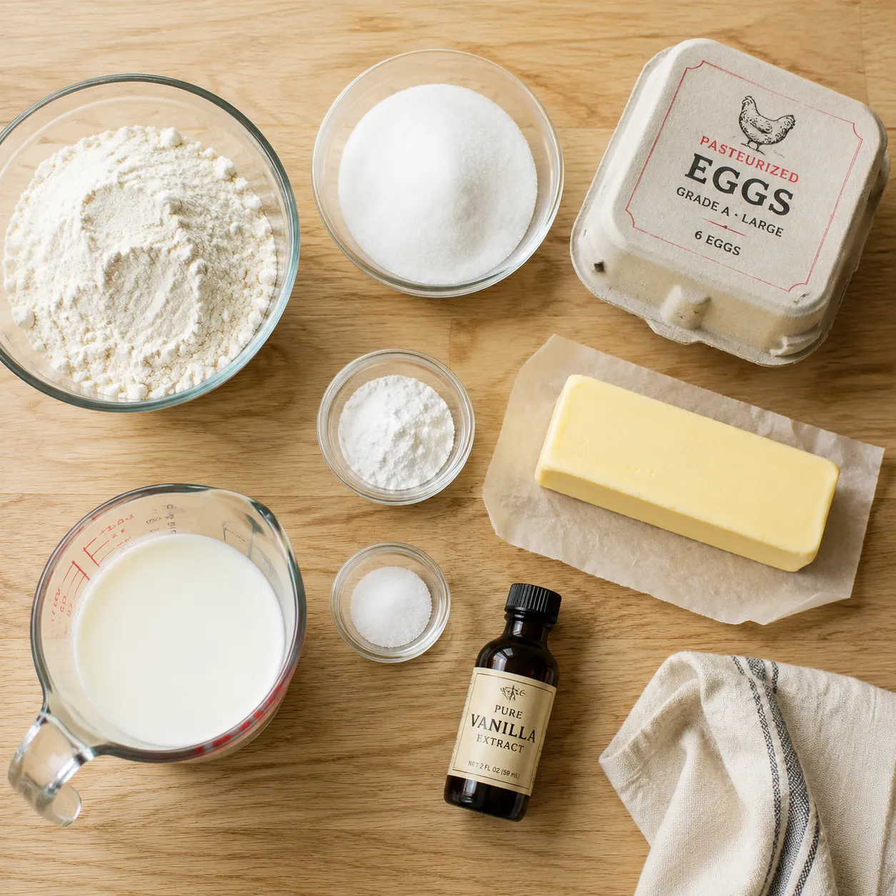 Ingredients flatlay for safe homemade vanilla cake using pasteurized eggs