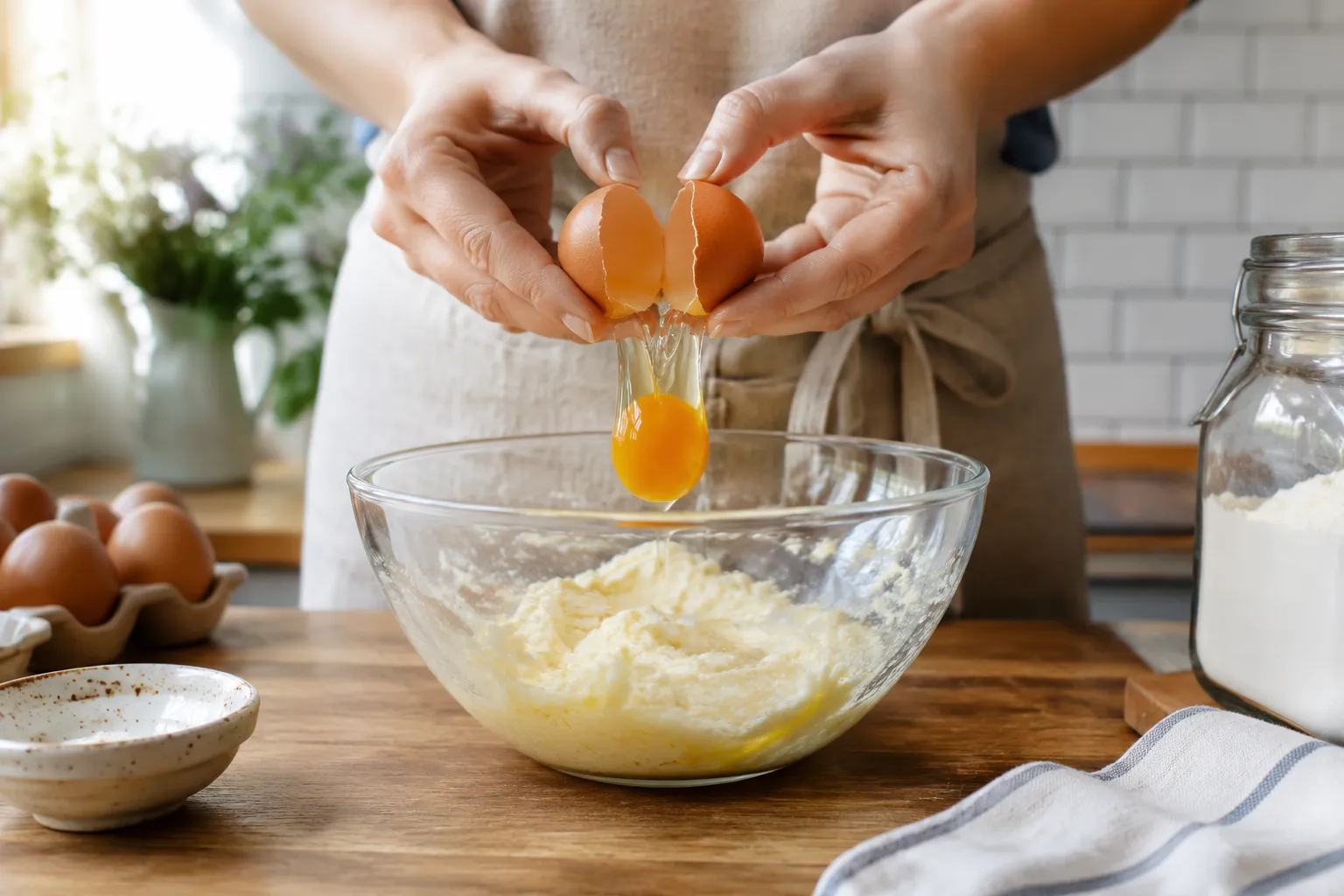 Adding pasteurized egg to creamed butter for safe homemade cake batter