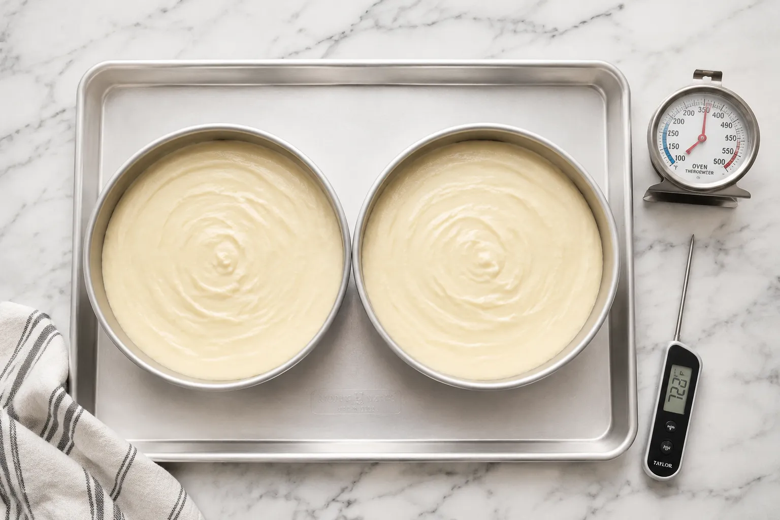 Vanilla cake pans ready to bake at safe temperature to prevent salmonella