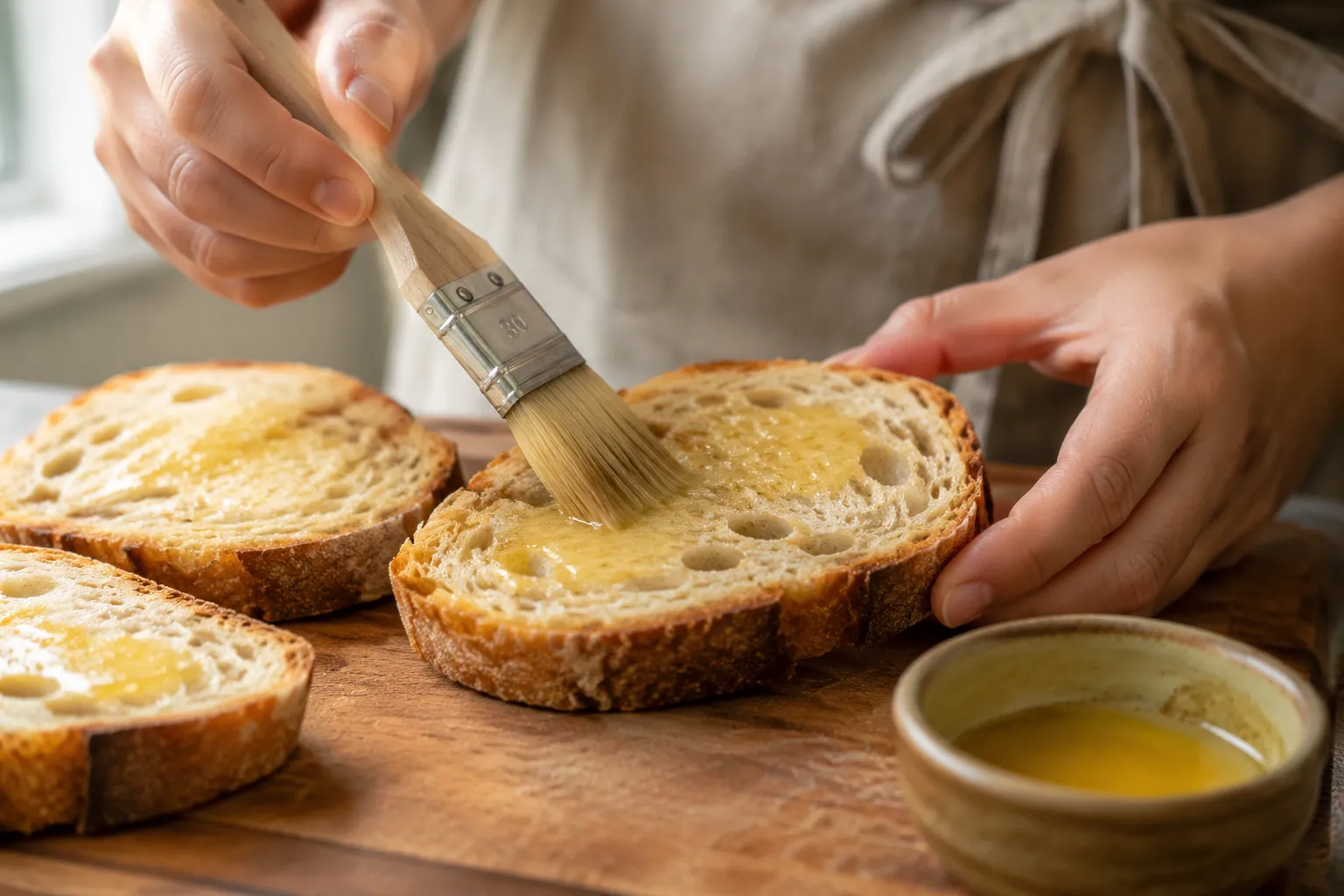Buttering sourdough bread for Adam Sandler sandwich recipe