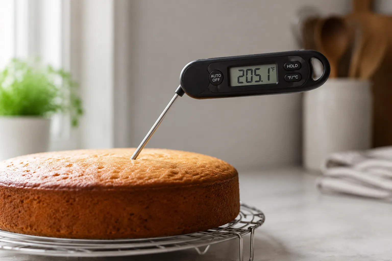 Checking cake internal temperature to prevent salmonella in home baking