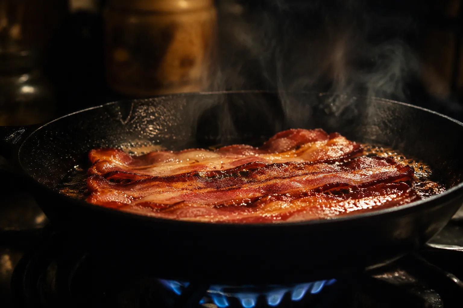 Crispy bacon cooking in cast iron skillet for Spanglish sandwich