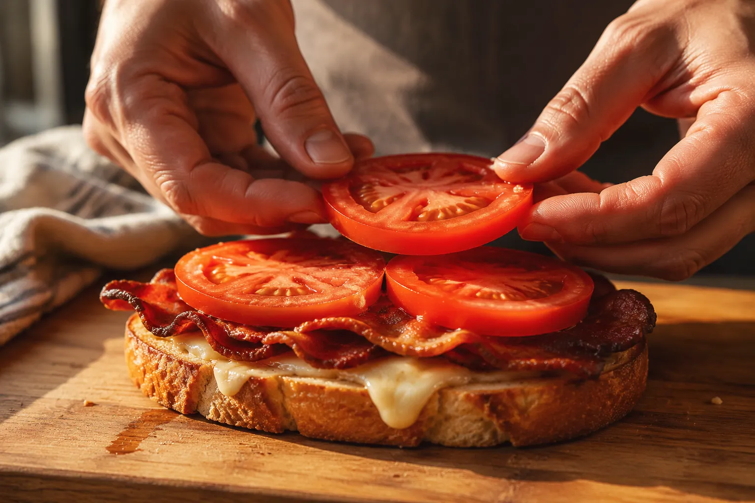 Stacking bacon, cheese, and tomato on Spanglish sandwich