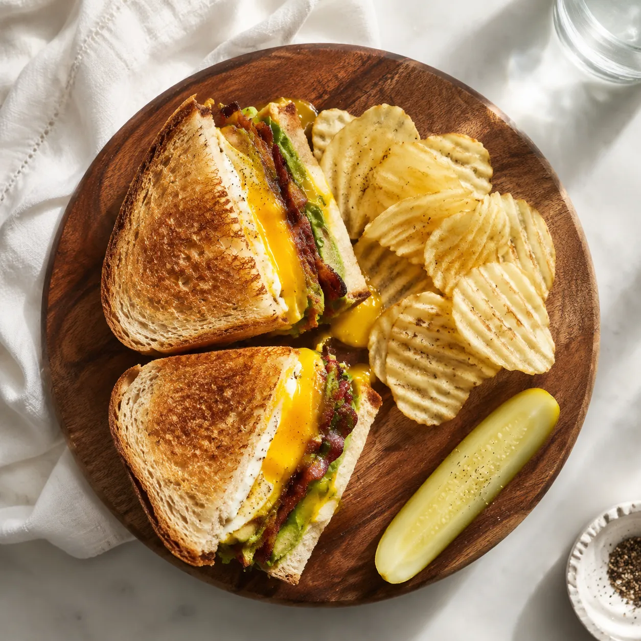 Spanglish sandwich served with kettle chips and pickle for brunch