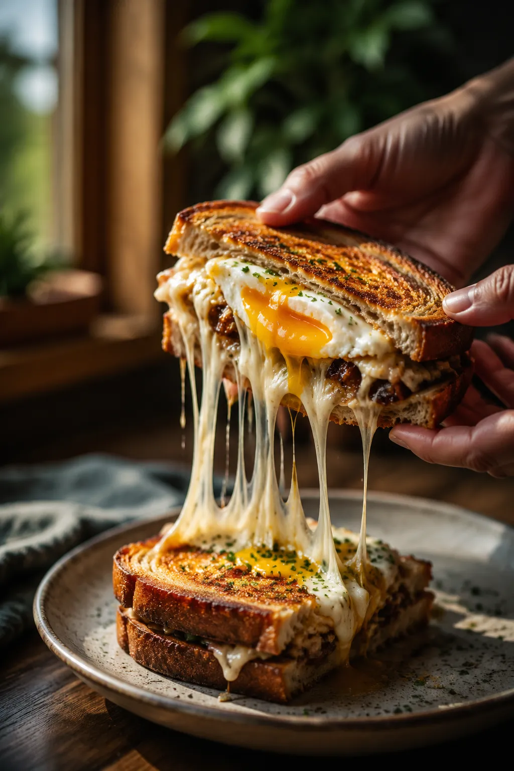 Cheese pull and runny egg yolk on Adam Sandler sandwich recipe