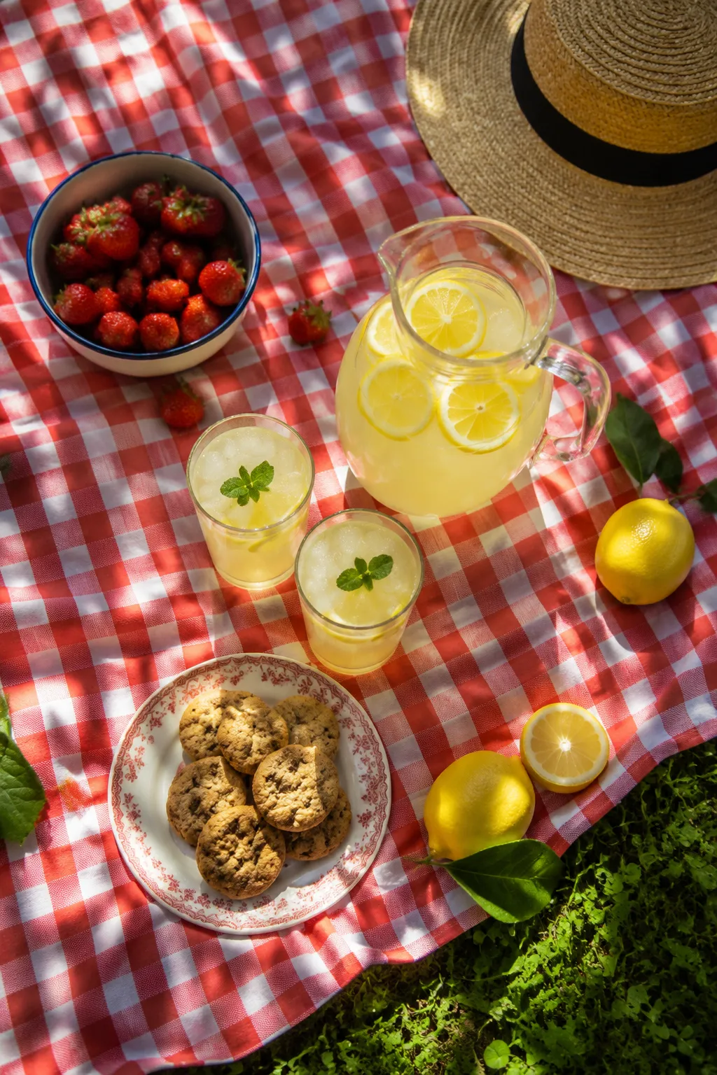 Lemonade recipe served pitcher-style on a summer picnic blanket with fresh fruit