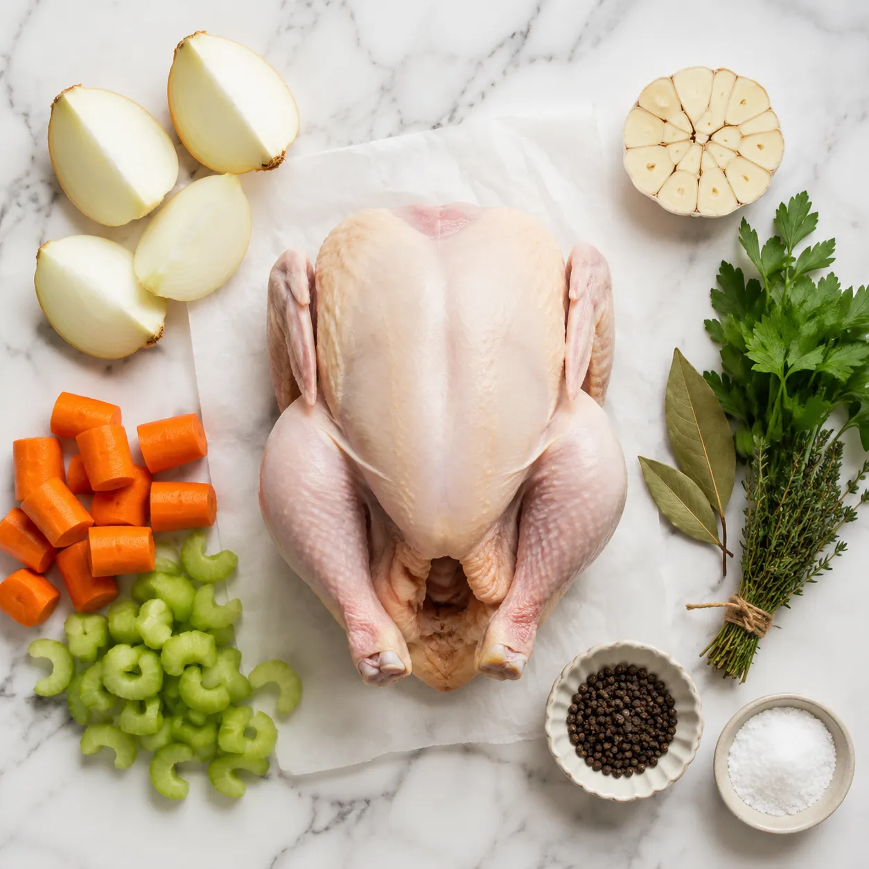 Chicken broth ingredients flatlay with chicken bones, carrots, onion, celery, and herbs