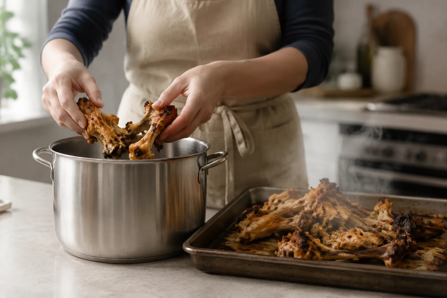 Adding roasted chicken bones to a stockpot to make homemade chicken broth