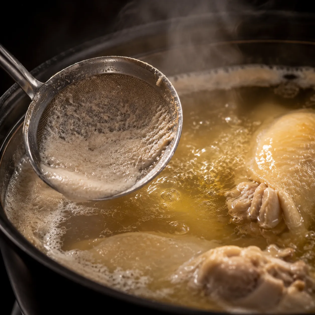 Skimming foam from simmering chicken broth for a clear golden result