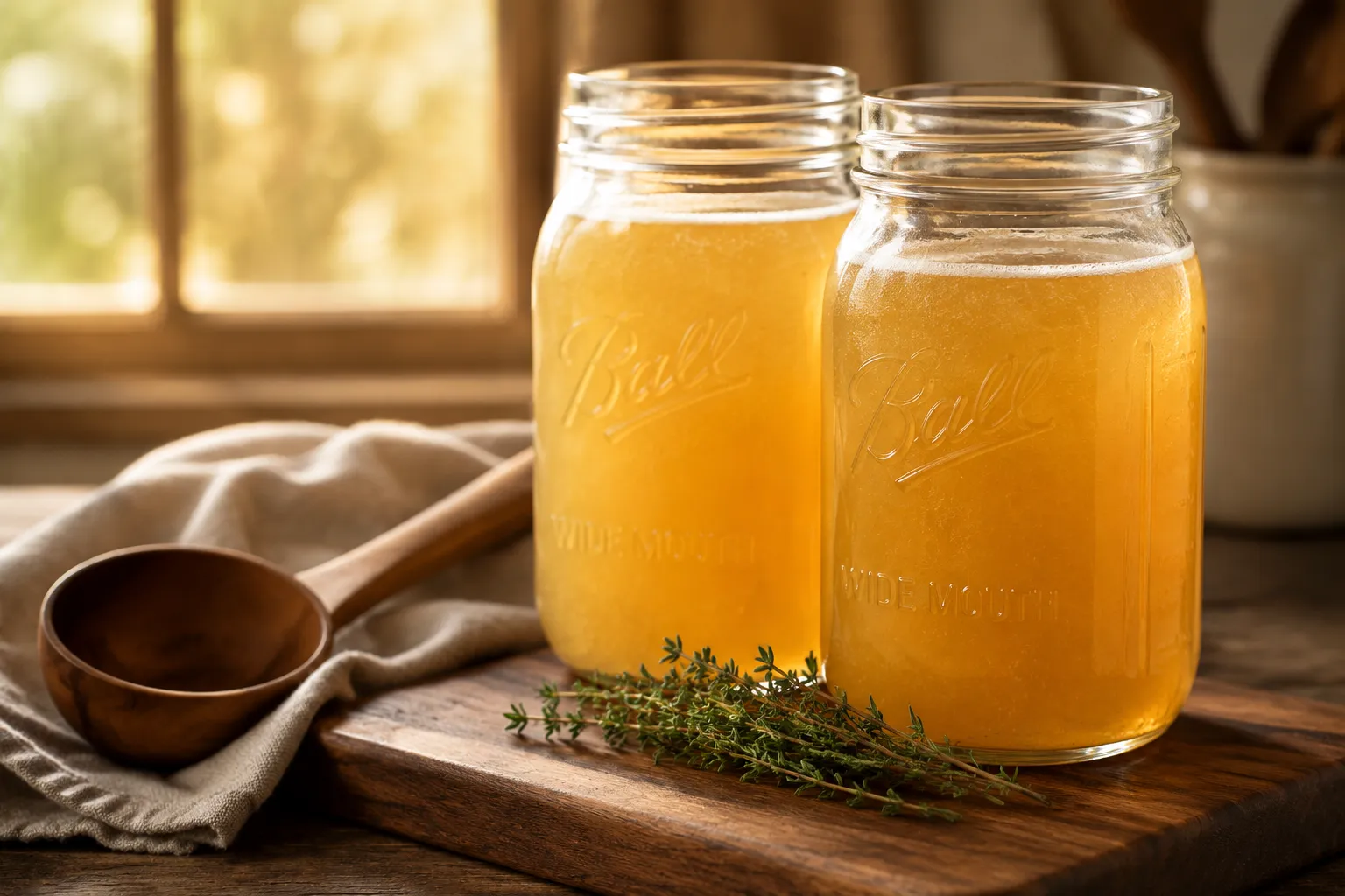 Two mason jars of finished homemade chicken broth glowing in window light