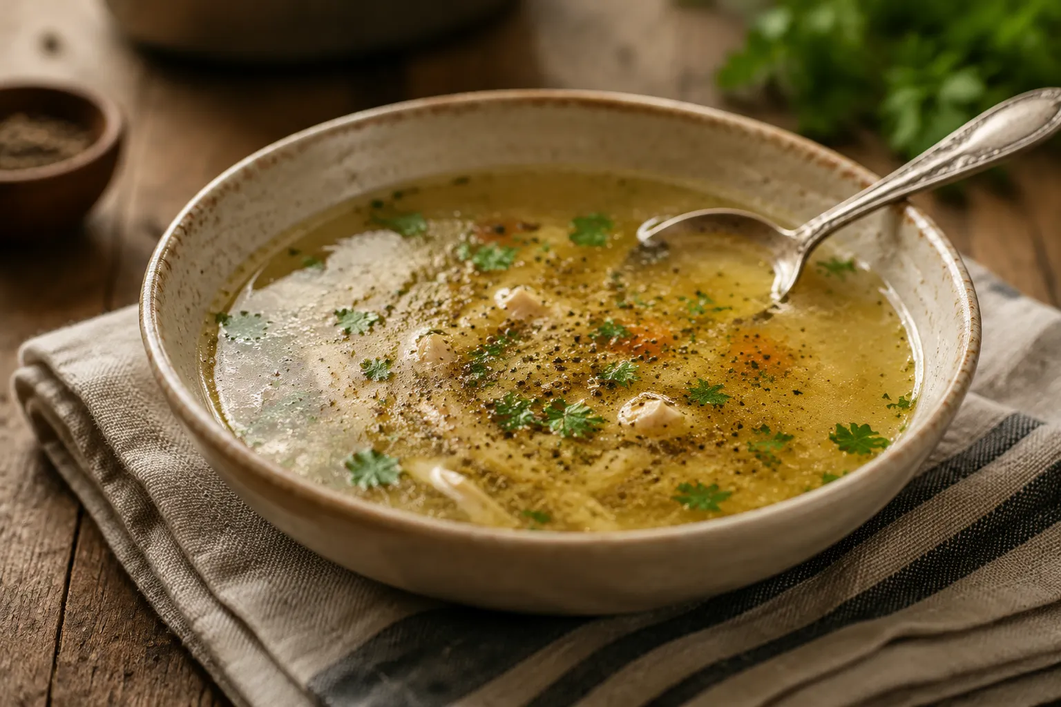 Bowl of homemade chicken broth garnished with parsley and cracked pepper