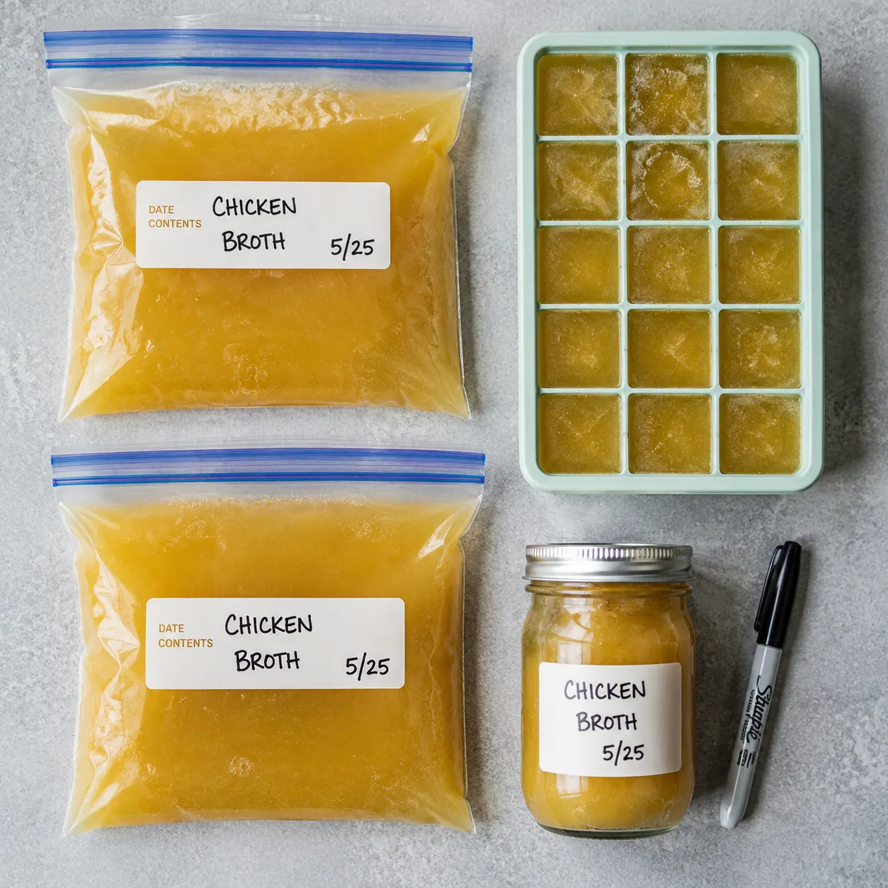 Homemade chicken broth portioned into freezer bags and silicone cubes for storage