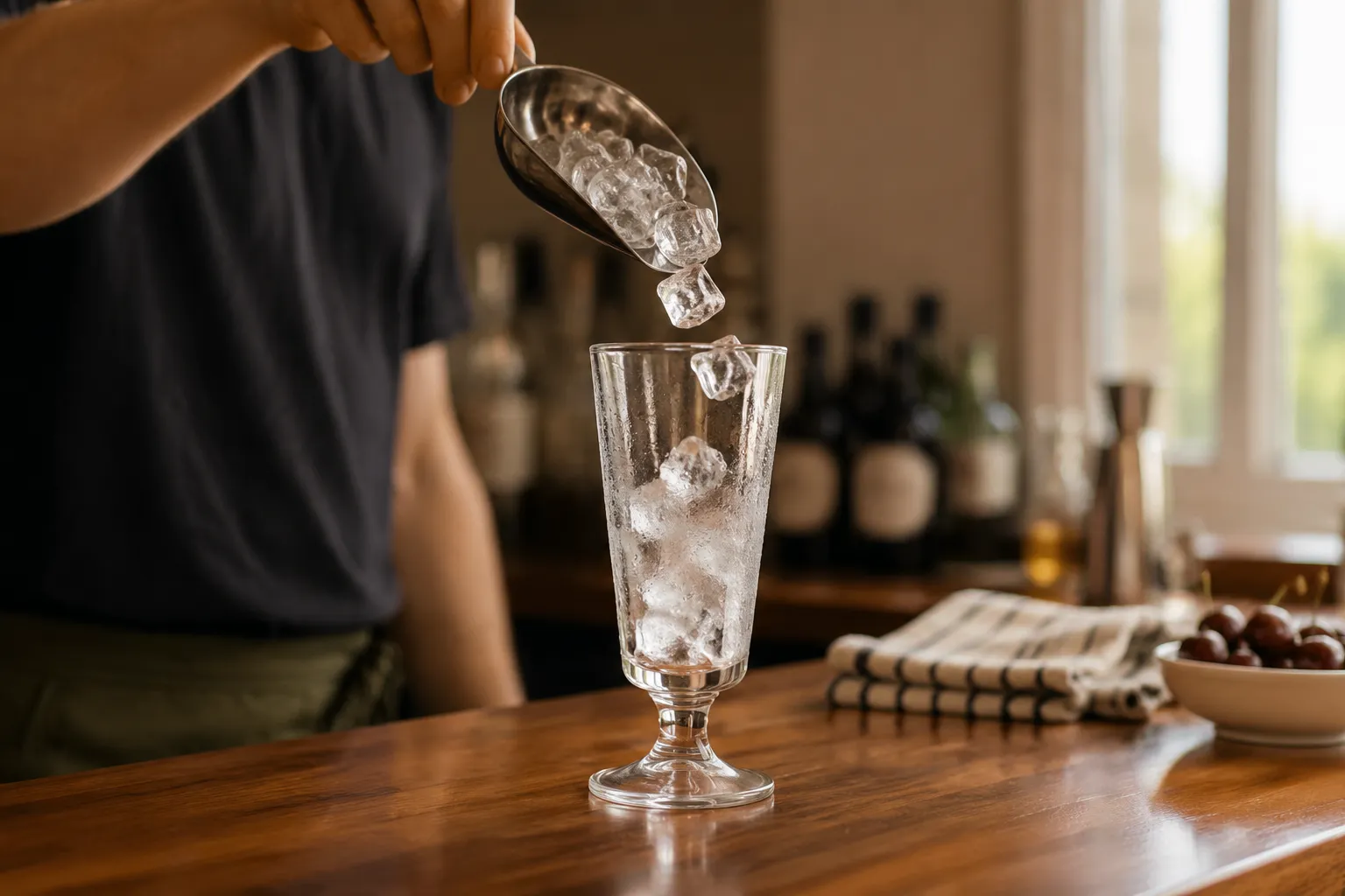 Adding ice to a glass to start a Shirley Temple drink