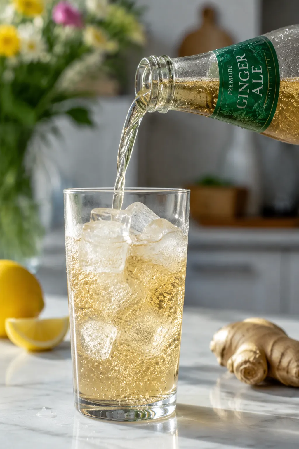 Pouring ginger ale into a glass for a Shirley Temple drink