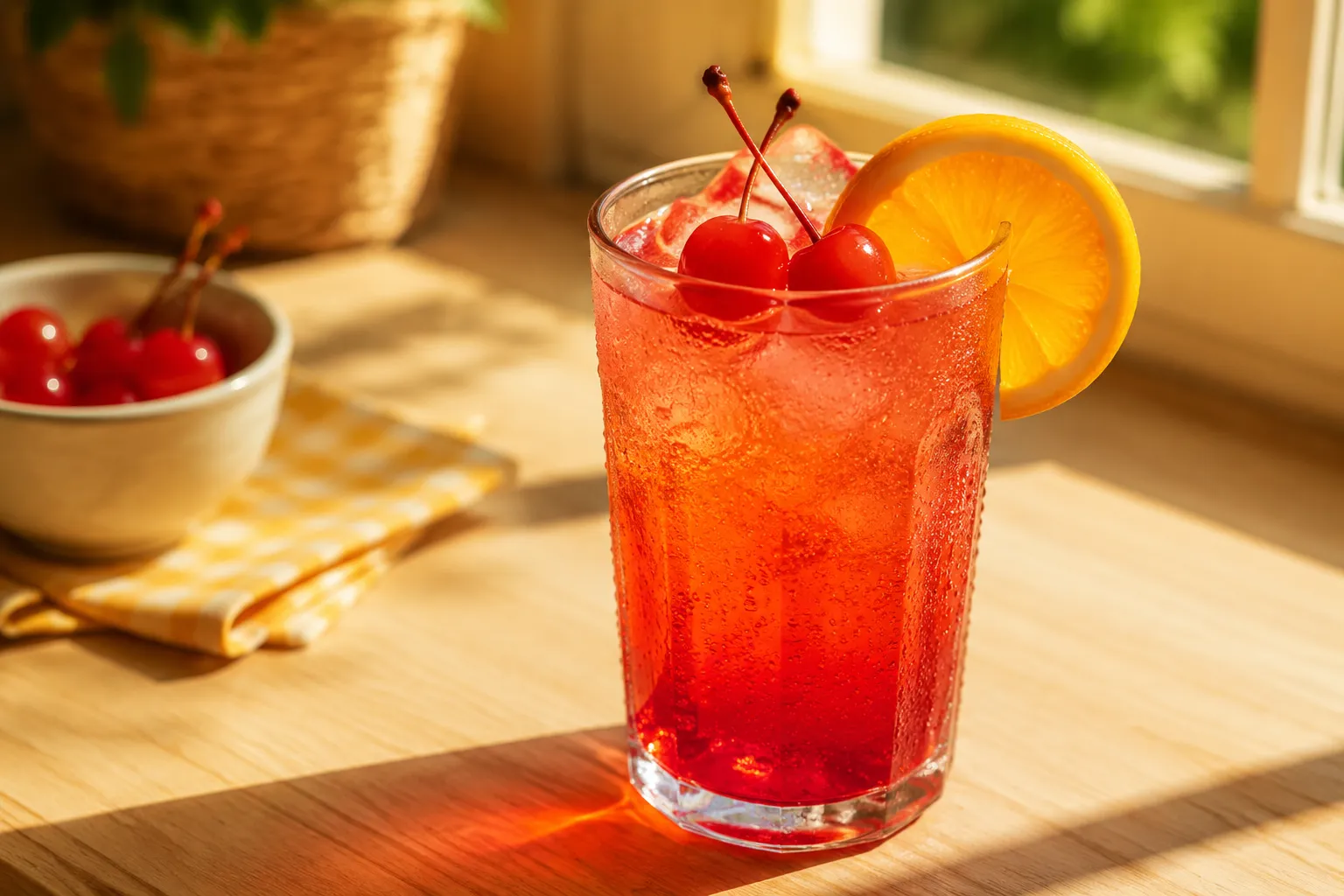 Finished Shirley Temple drink garnished with cherries and orange slice