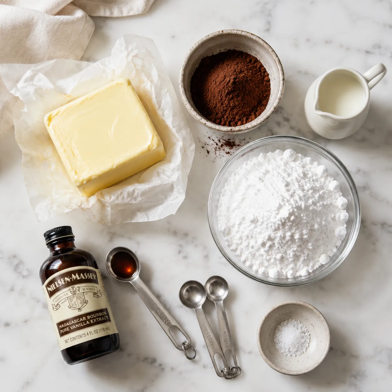 Ingredients flatlay for easy chocolate frosting recipe with cocoa, butter, powdered sugar