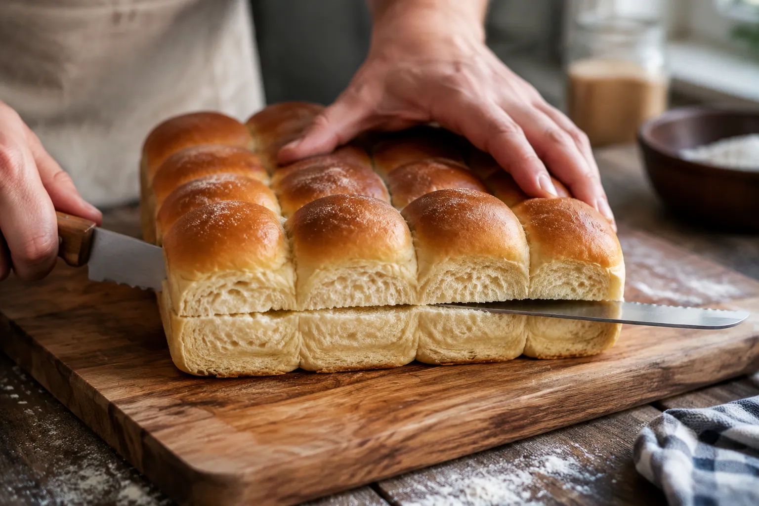 Slicing Hawaiian rolls in half for ham and cheese sliders