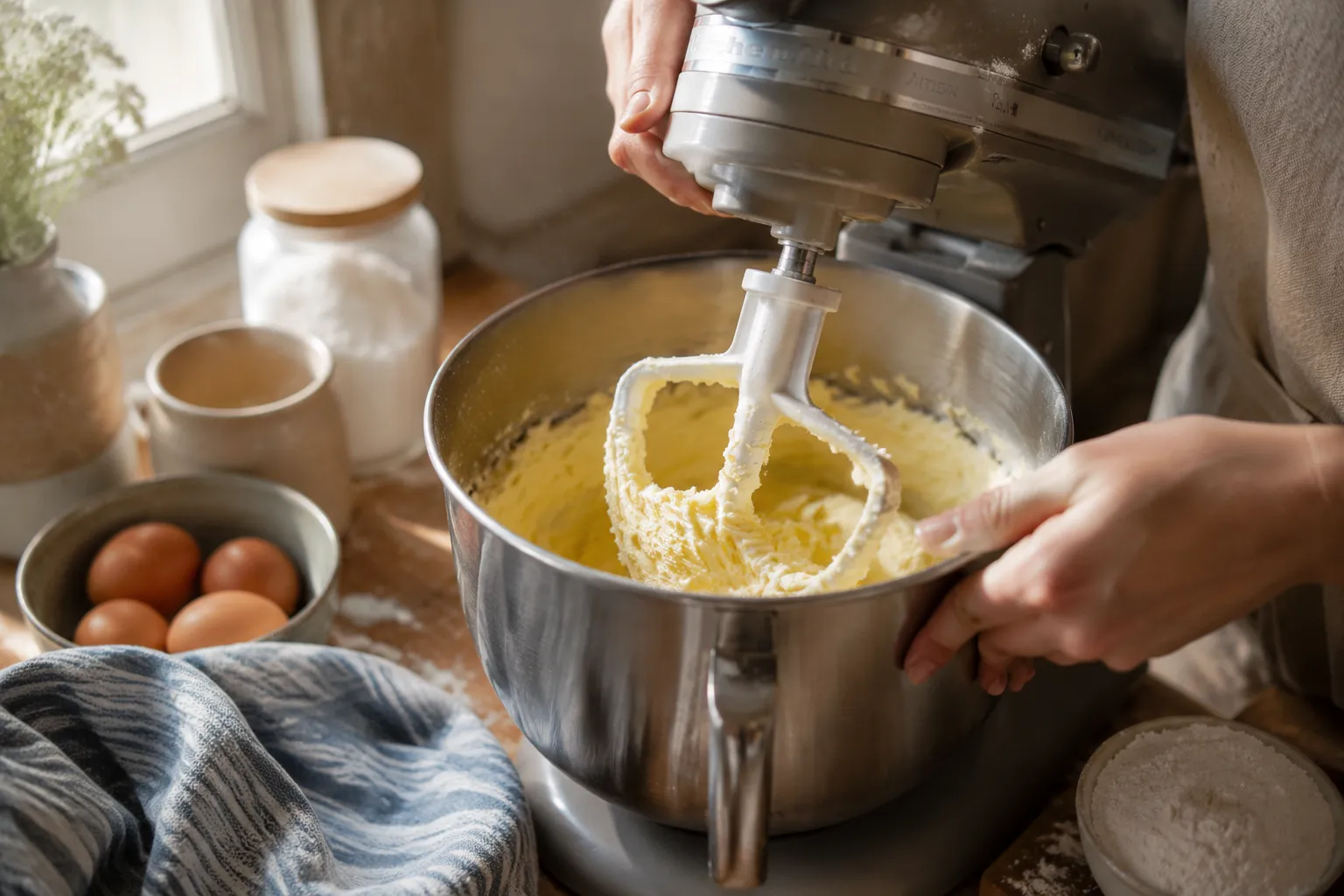 Creaming butter in a stand mixer for homemade chocolate frosting recipe