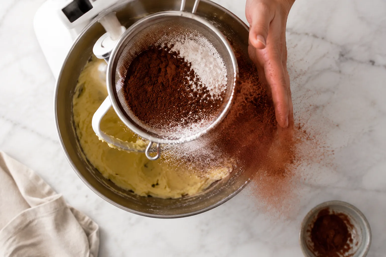 Sifting cocoa powder and powdered sugar for chocolate icing recipe