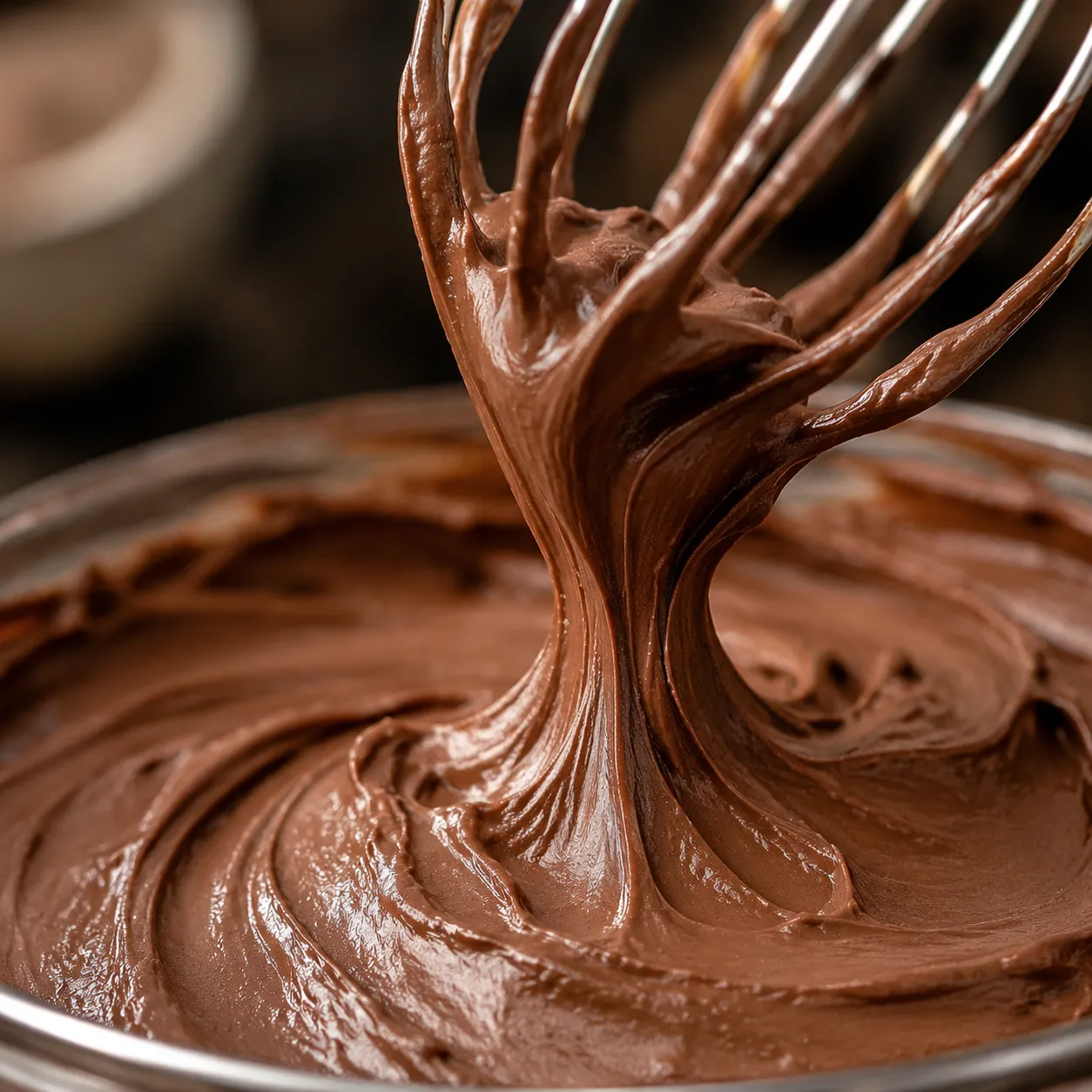 Silky chocolate buttercream frosting on a beater showing soft peaks
