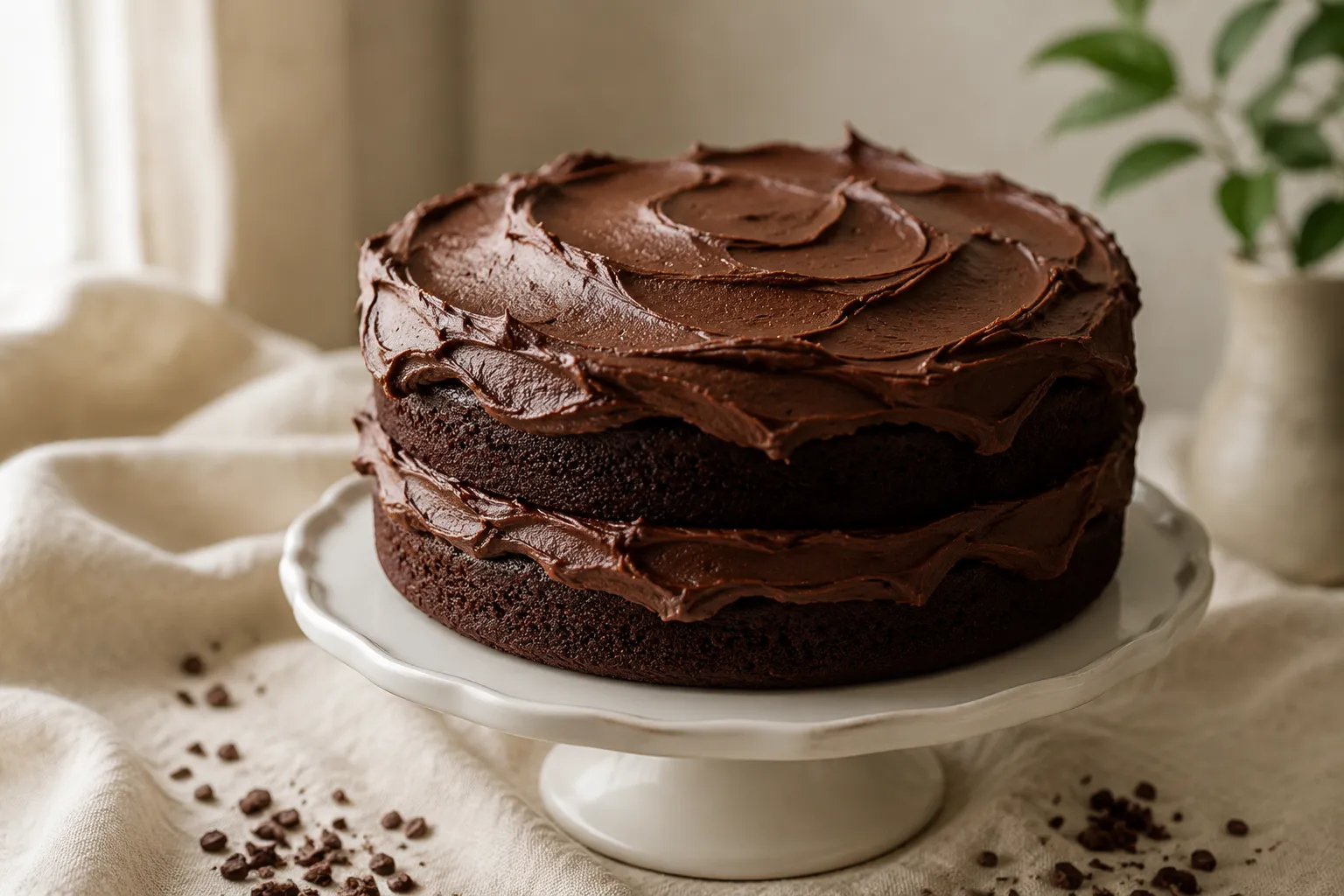 Two-layer chocolate cake frosted with easy chocolate frosting recipe