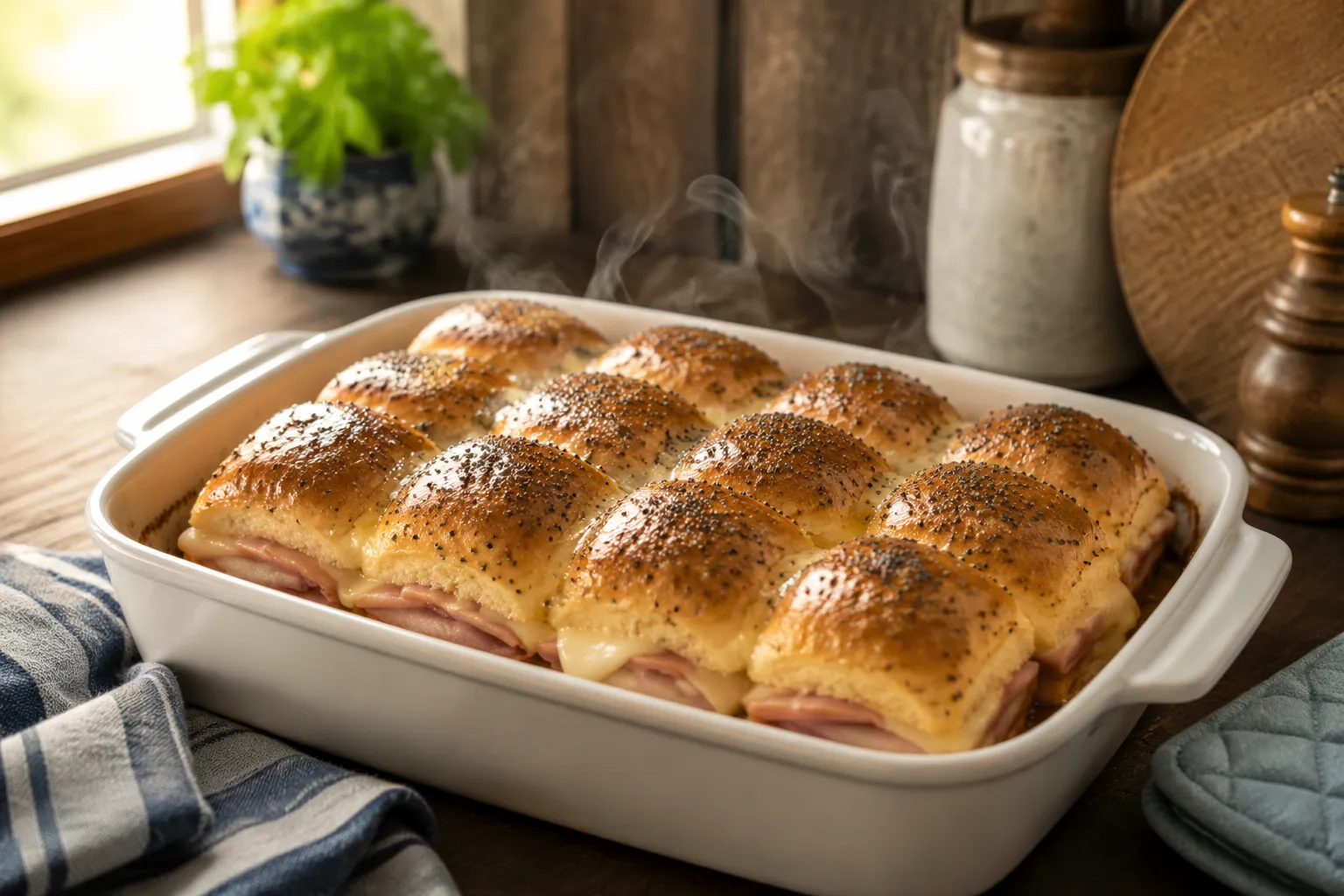 Baked ham and cheese sliders fresh out of the oven