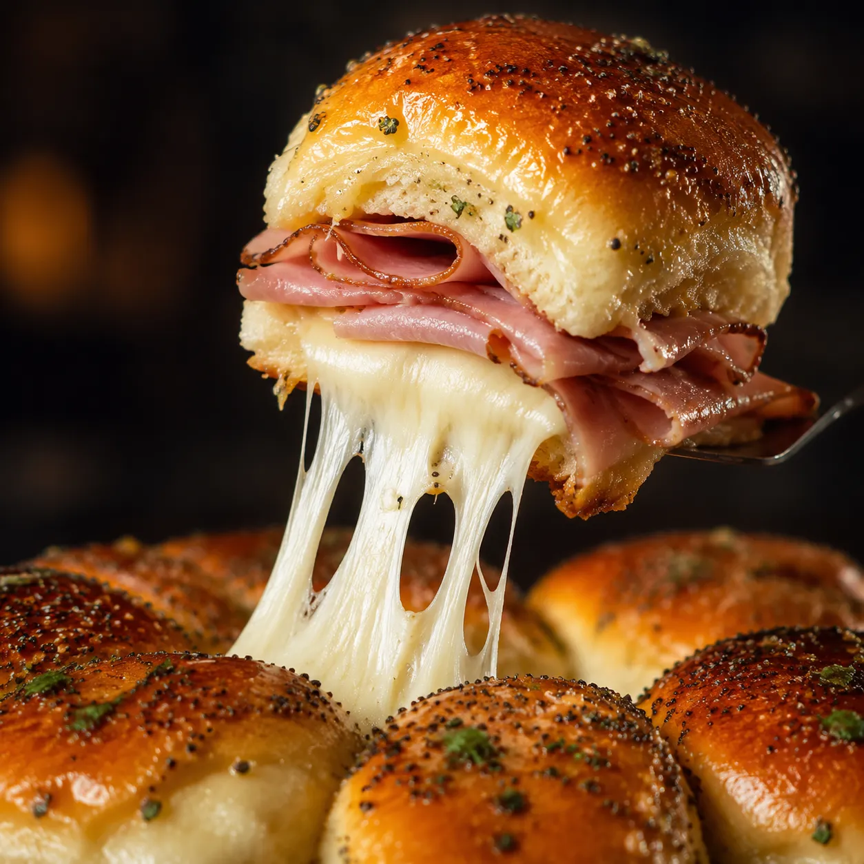 Cheese pull close-up of ham and Swiss sliders