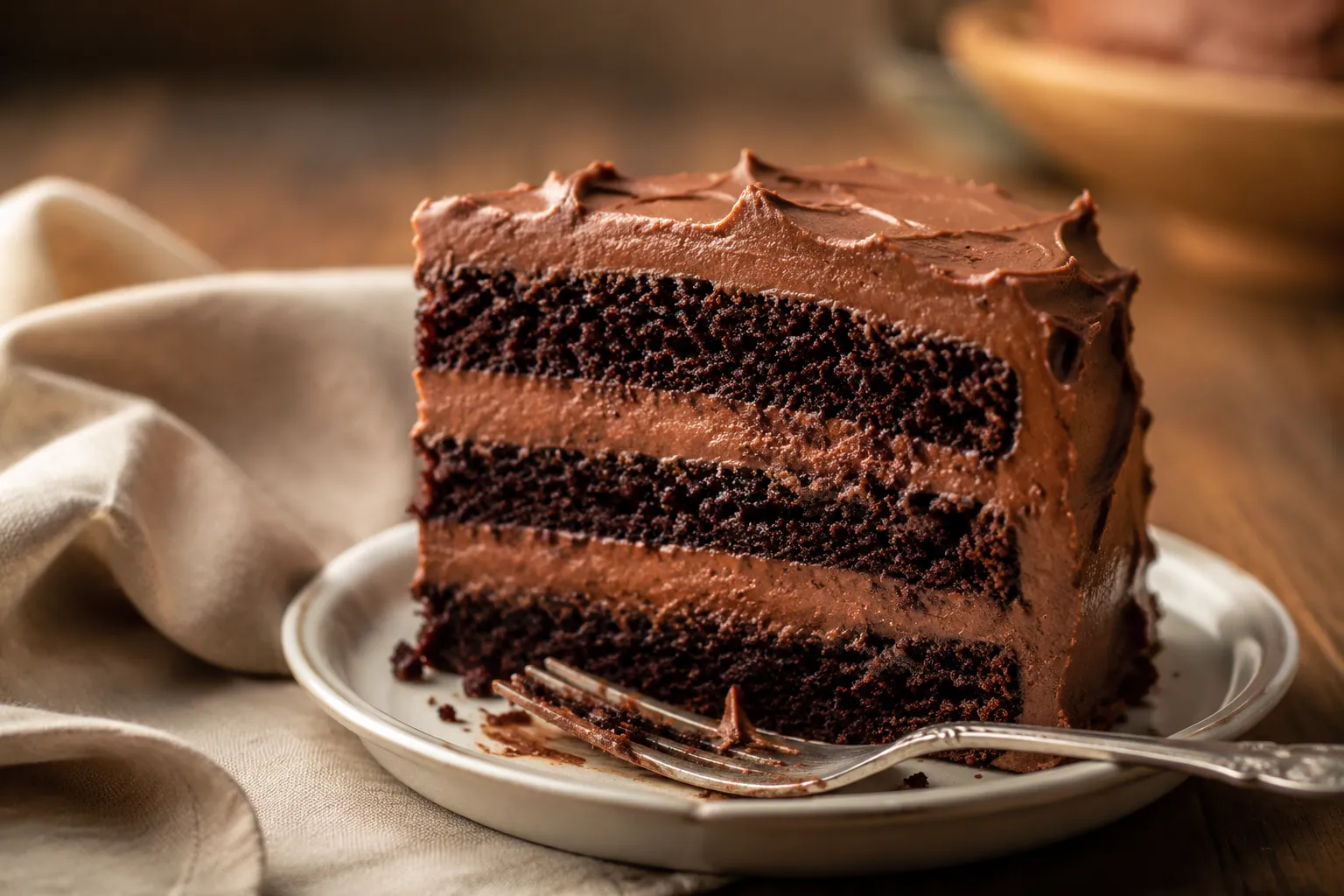 Slice of chocolate cake with fluffy chocolate frosting between layers