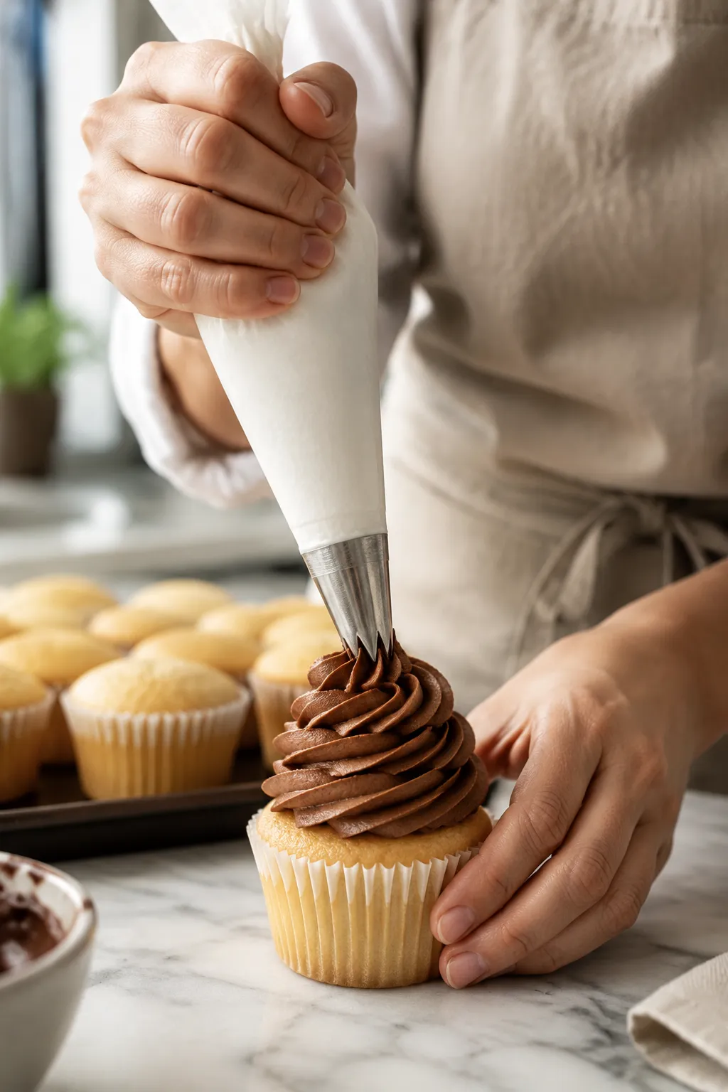 Piping chocolate frosting recipe onto cupcakes with a star tip