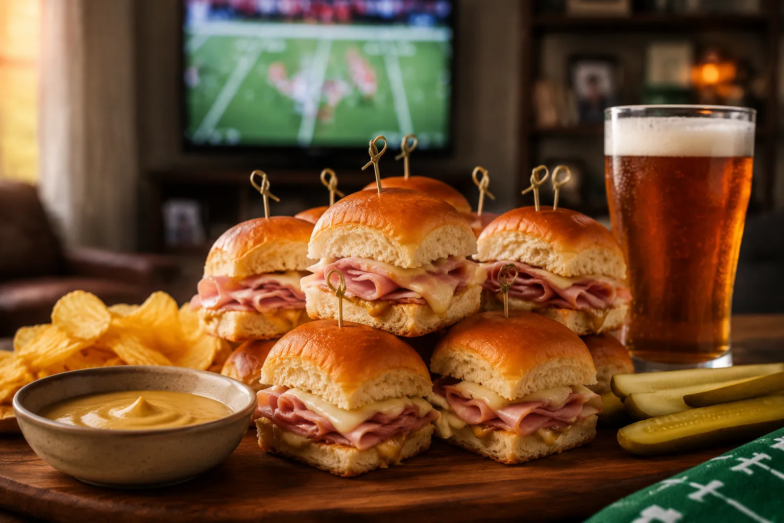 Ham and cheese sliders served on a game day platter
