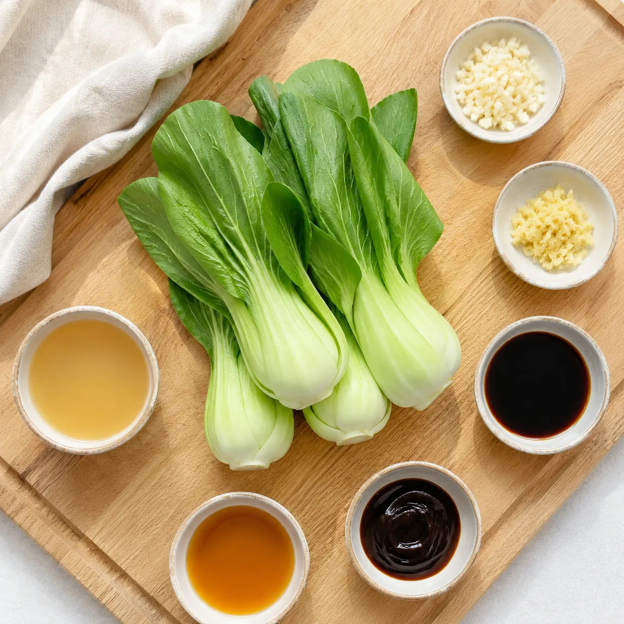 Bok choy recipe ingredients flatlay with garlic, ginger, and soy sauce