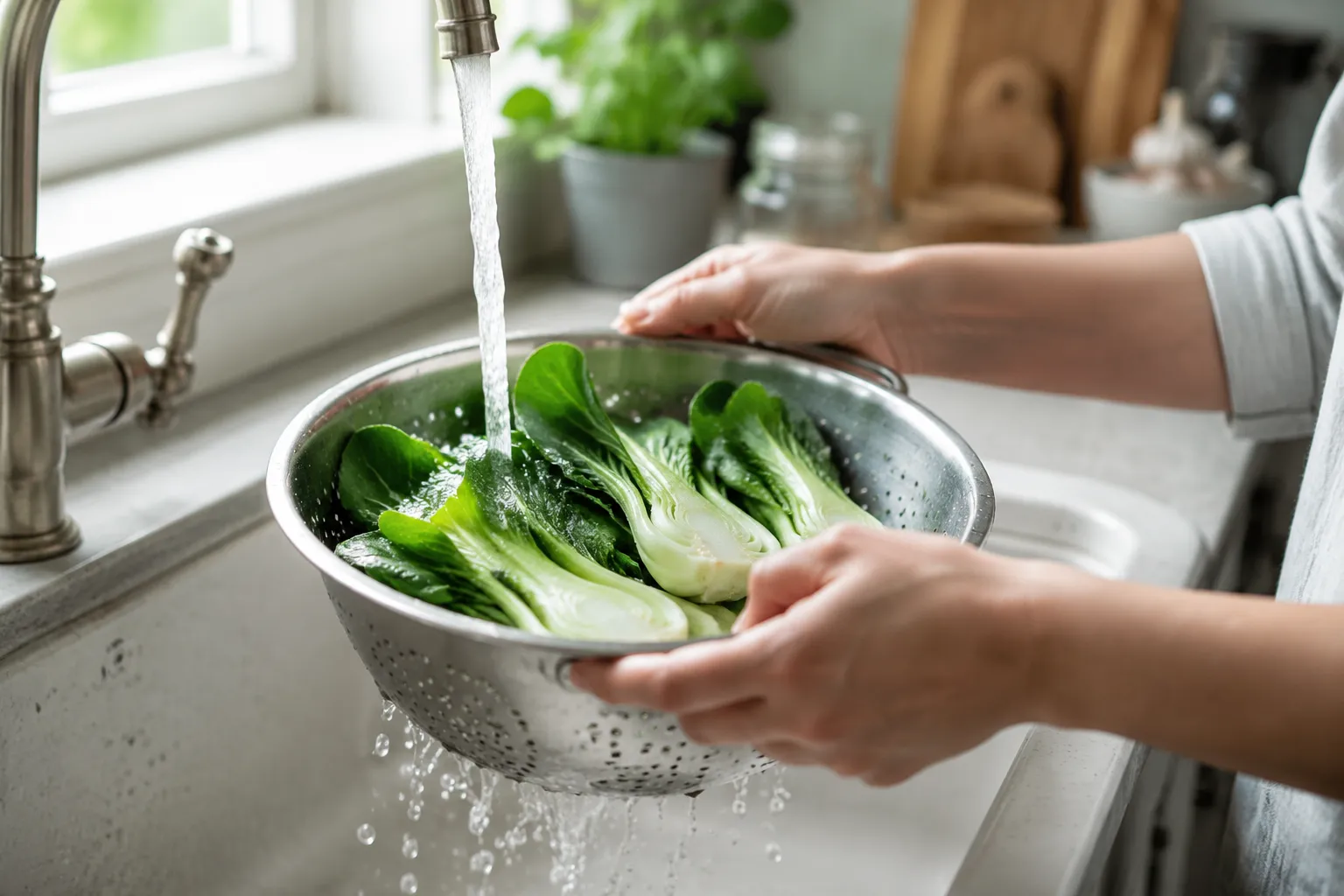 Washing baby bok choy under running water before cooking