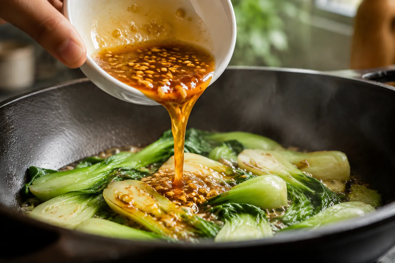 Pouring garlic ginger sauce over bok choy in skillet