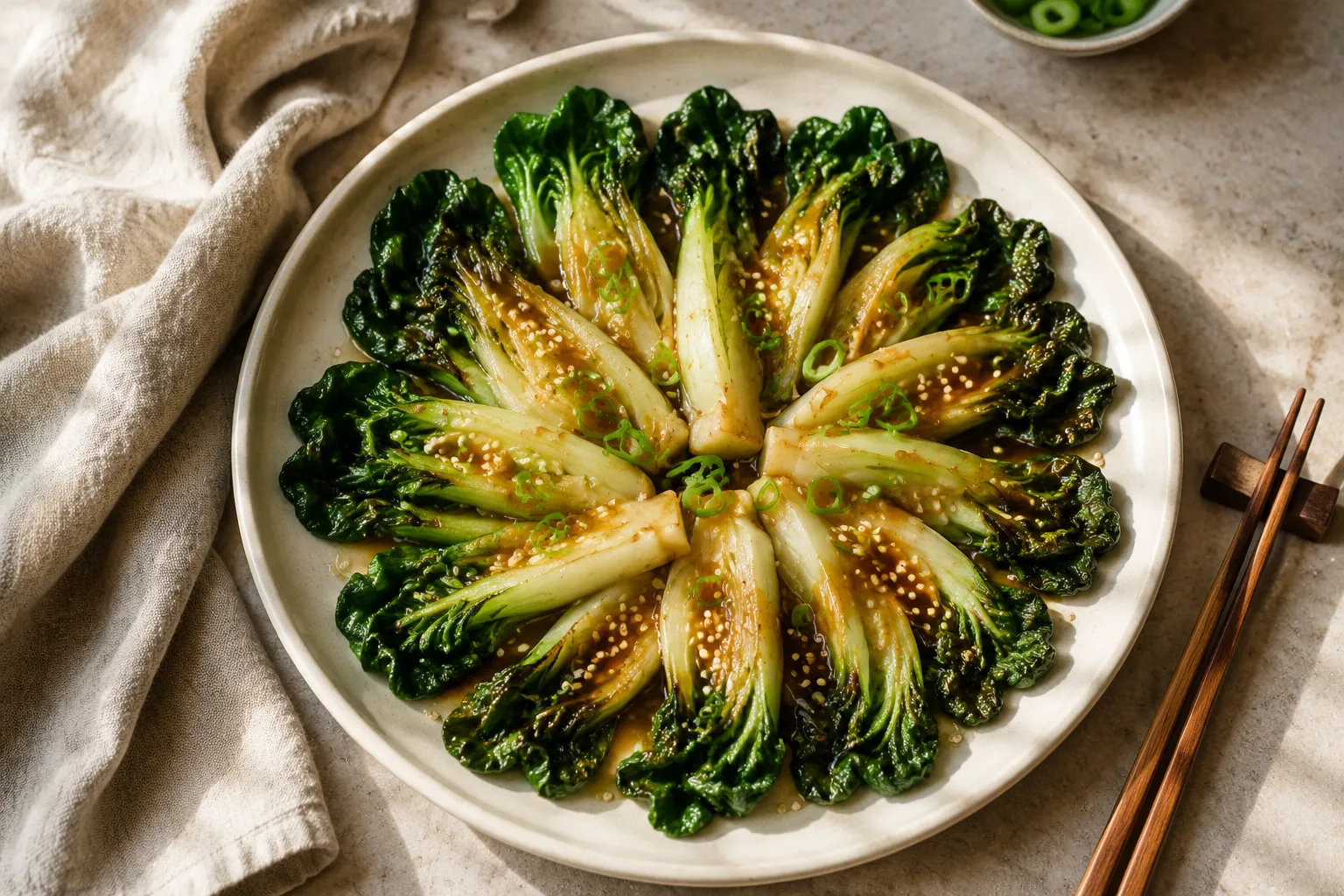 Finished bok choy recipe plated with sesame seeds and scallions