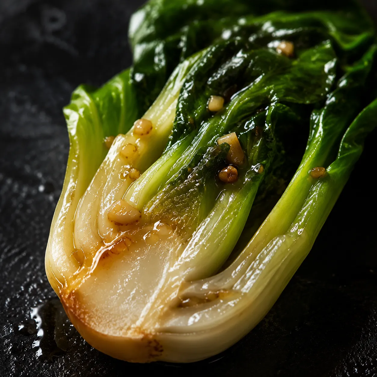 Close-up of perfectly cooked bok choy with crisp stem and tender leaves