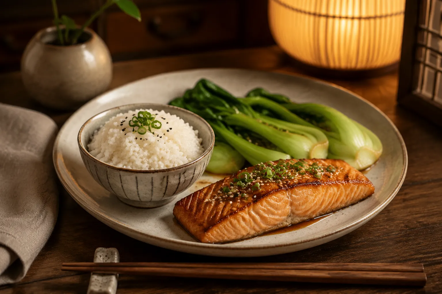 Bok choy recipe served with rice and salmon for an easy weeknight dinner